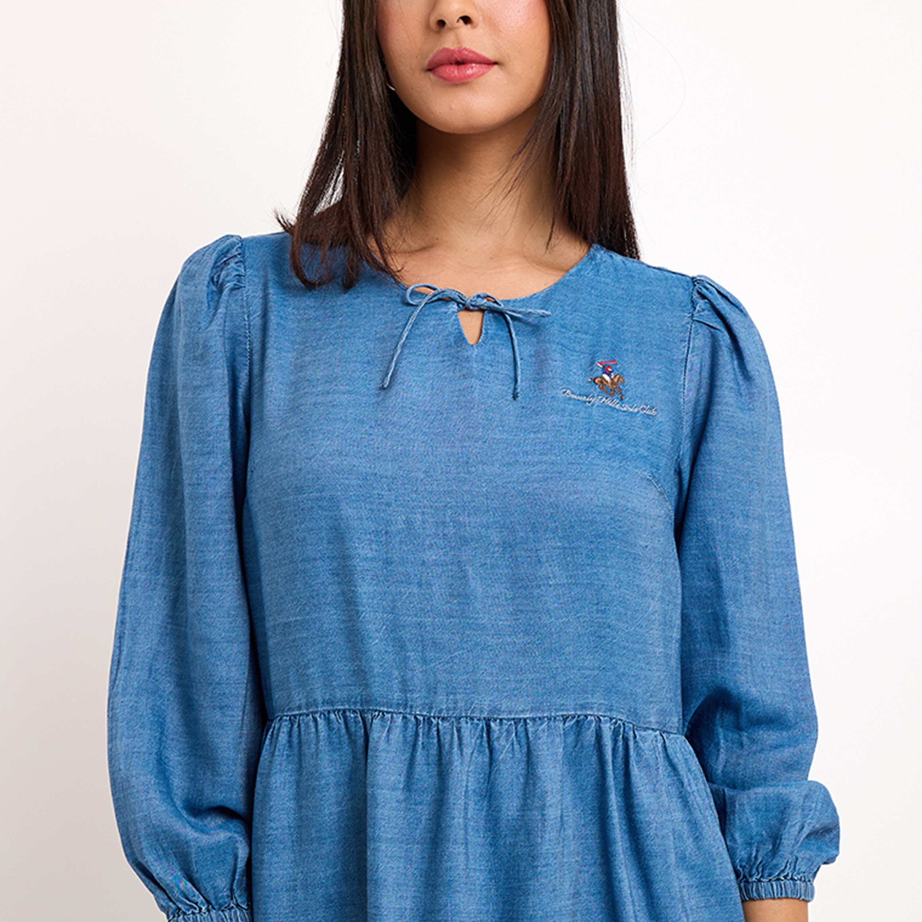 Beverly Hills Polo Club Plain Round Neck Three-Quarter Sleeves Women's Midi Flare Dress-women-clothing-dresses-image-2