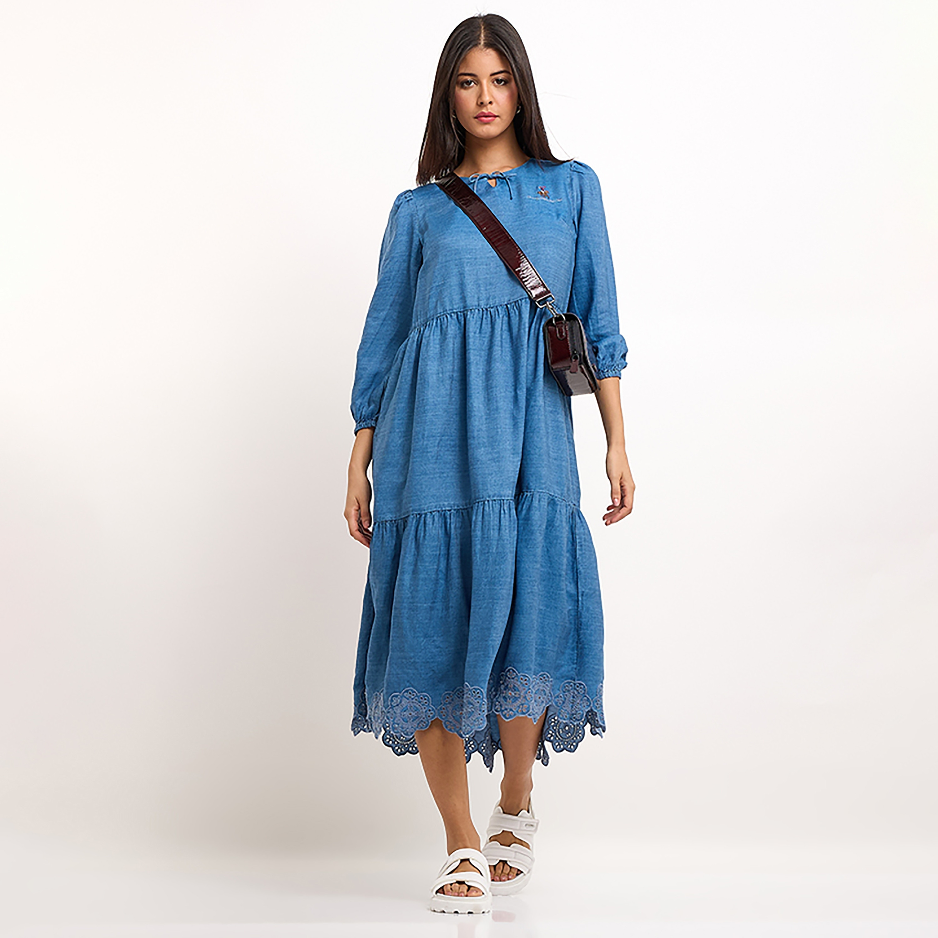 Beverly Hills Polo Club Plain Round Neck Three-Quarter Sleeves Women's Midi Flare Dress-women-clothing-dresses-image-3