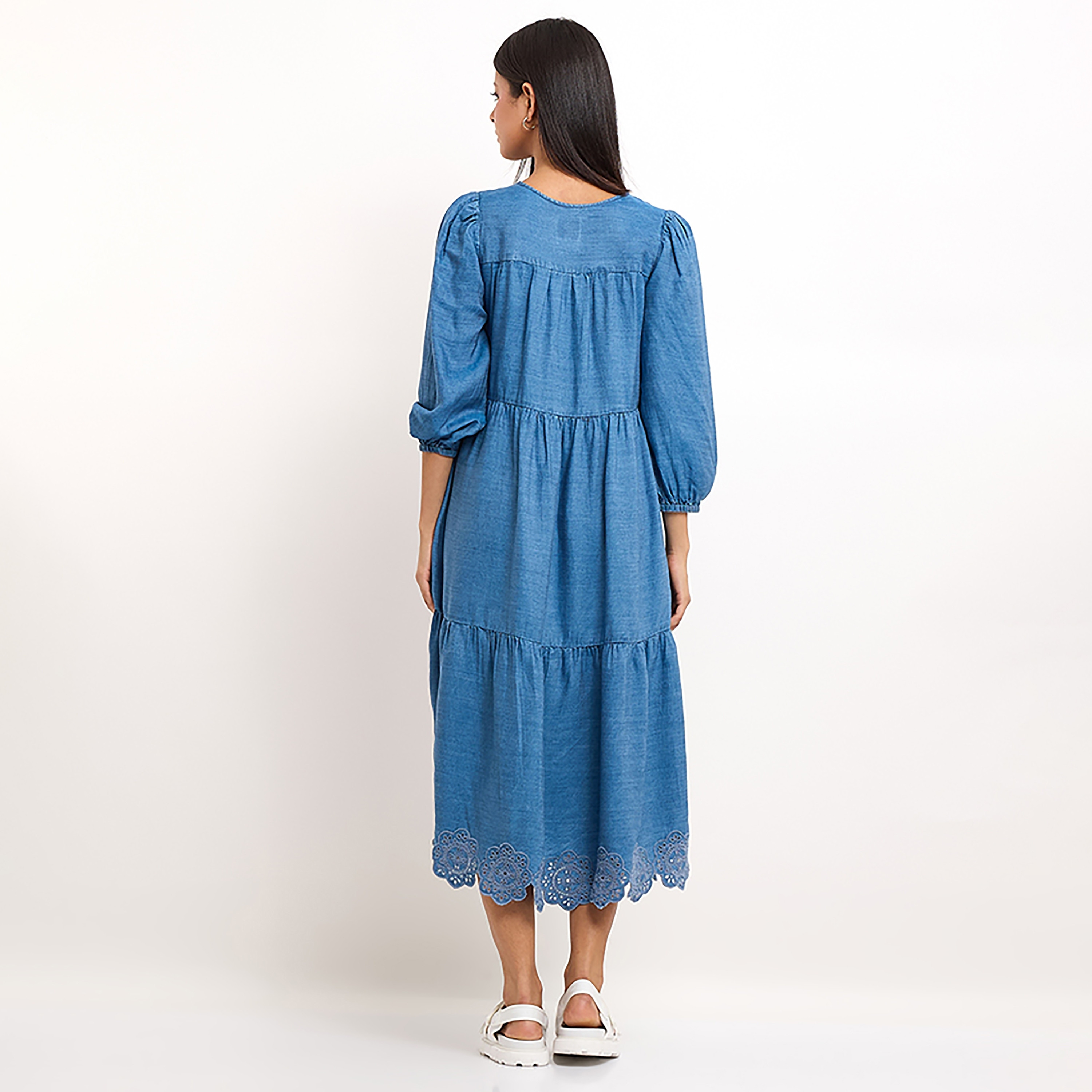 Beverly Hills Polo Club Plain Round Neck Three-Quarter Sleeves Women's Midi Flare Dress-women-clothing-dresses-image-4