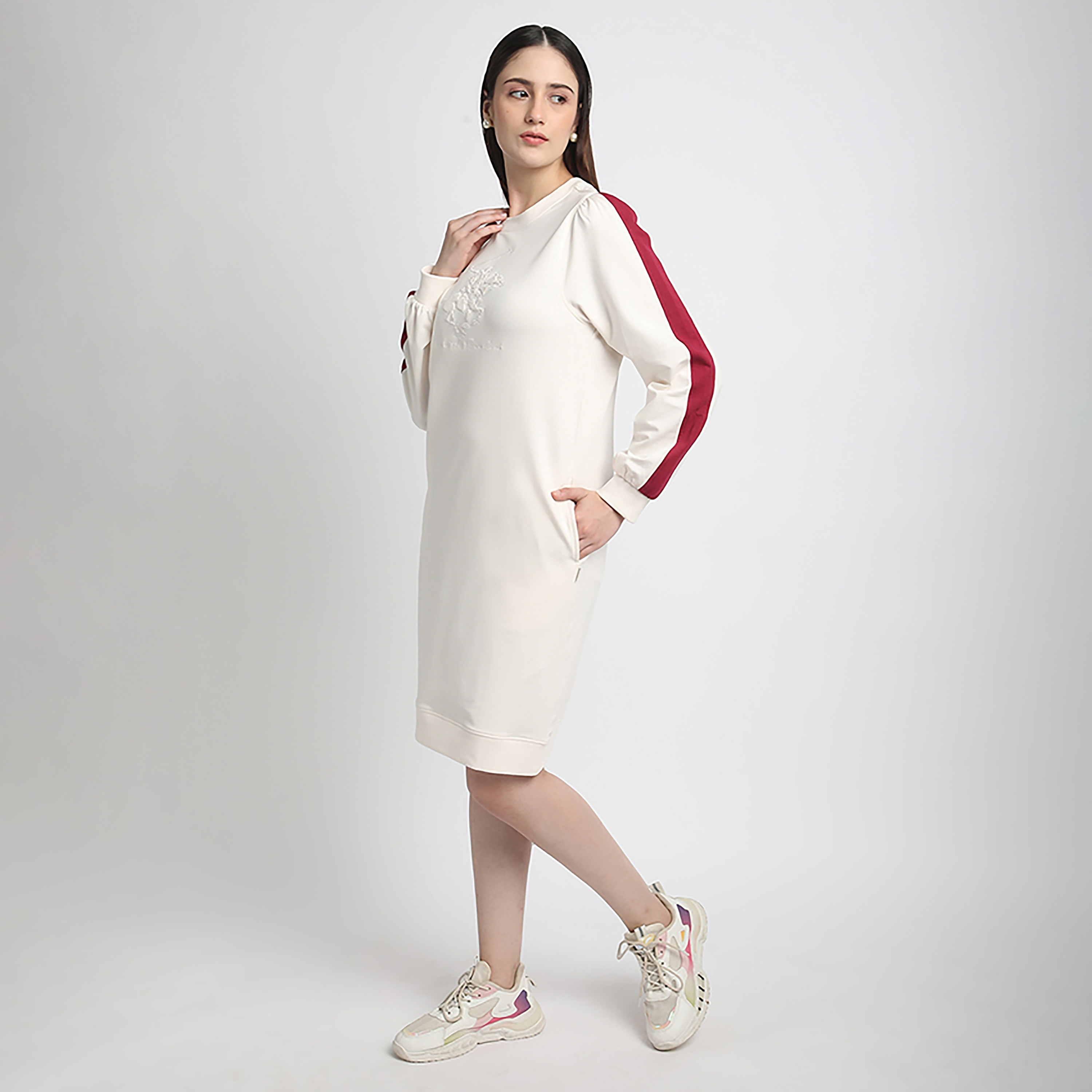 Beverly Hills Polo Club Cream Embroidered Cotton Women's Knee-Length Dress-women-clothing-dresses-image-2