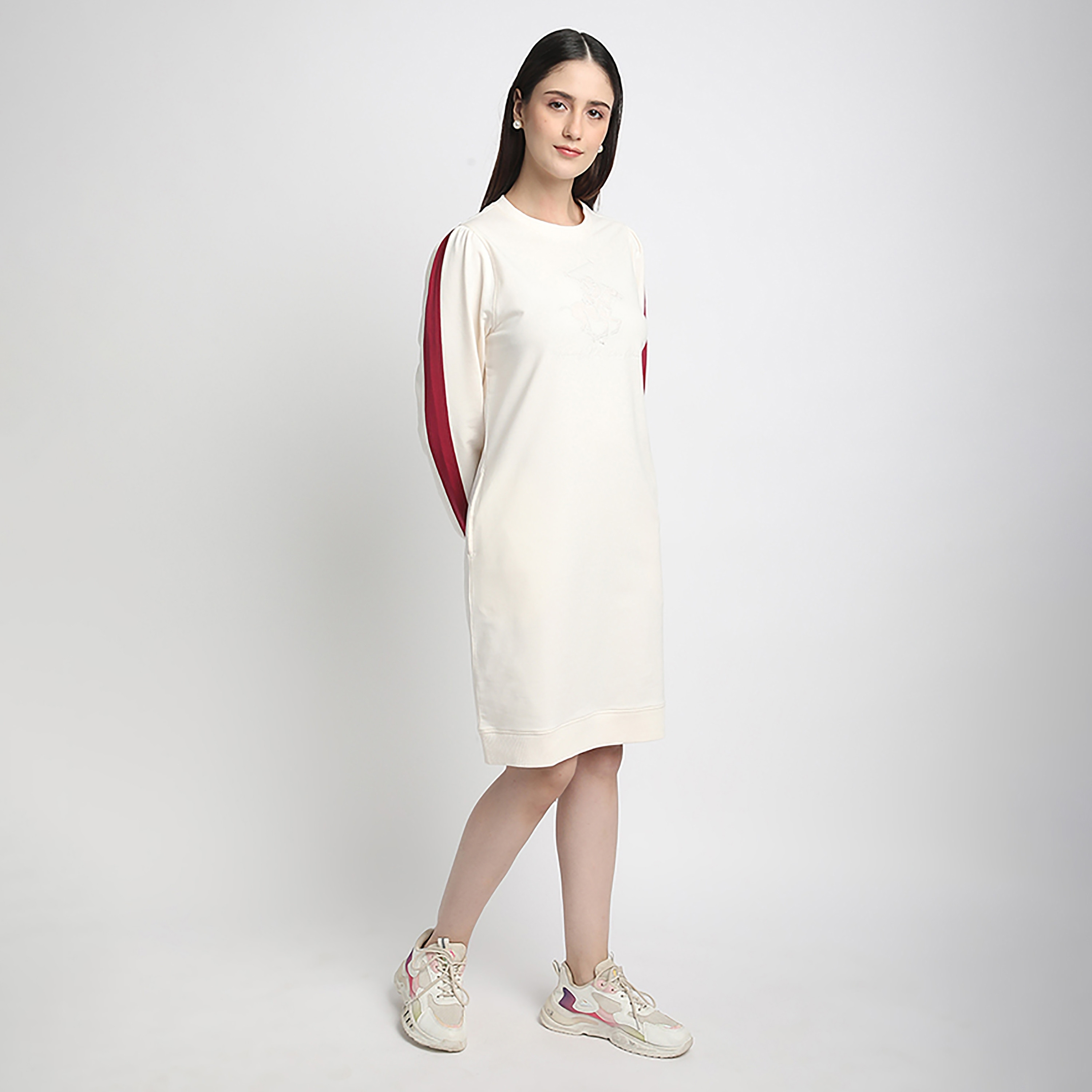 Beverly Hills Polo Club Cream Embroidered Cotton Women's Knee-Length Dress-women-clothing-dresses-image-3