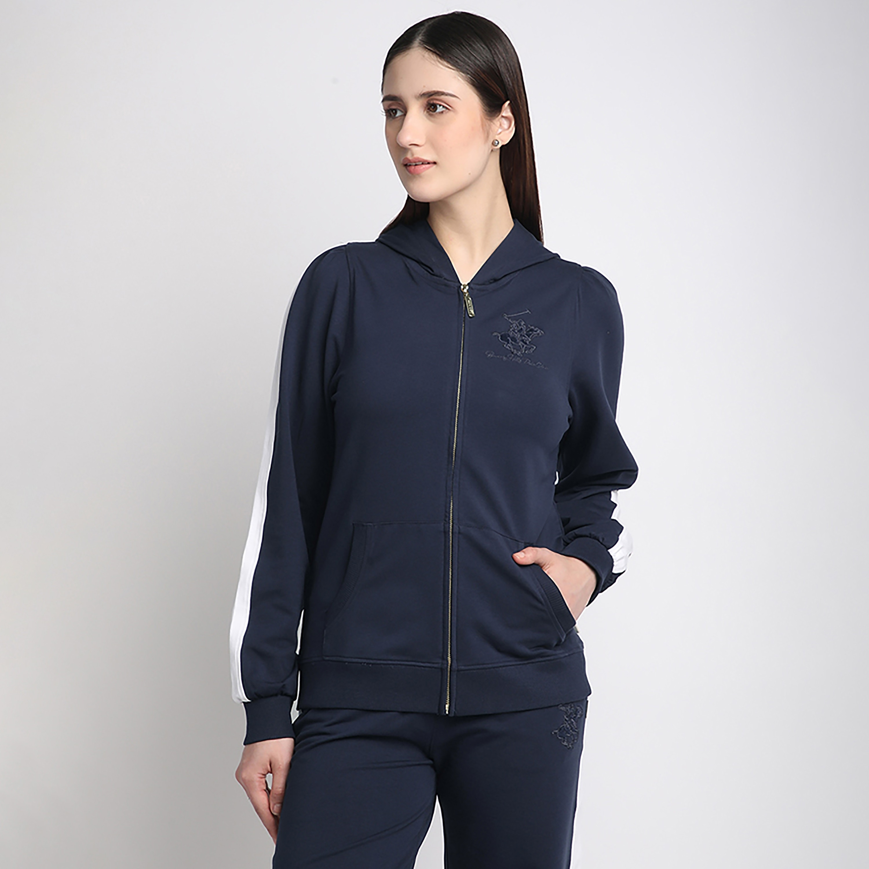 Beverly Hills Polo Club Plain with Stripe Detail Long Sleeves Zip Through Women's Hoodie-women-clothing-hoodiesandsweatshirts-hoodies-image-1