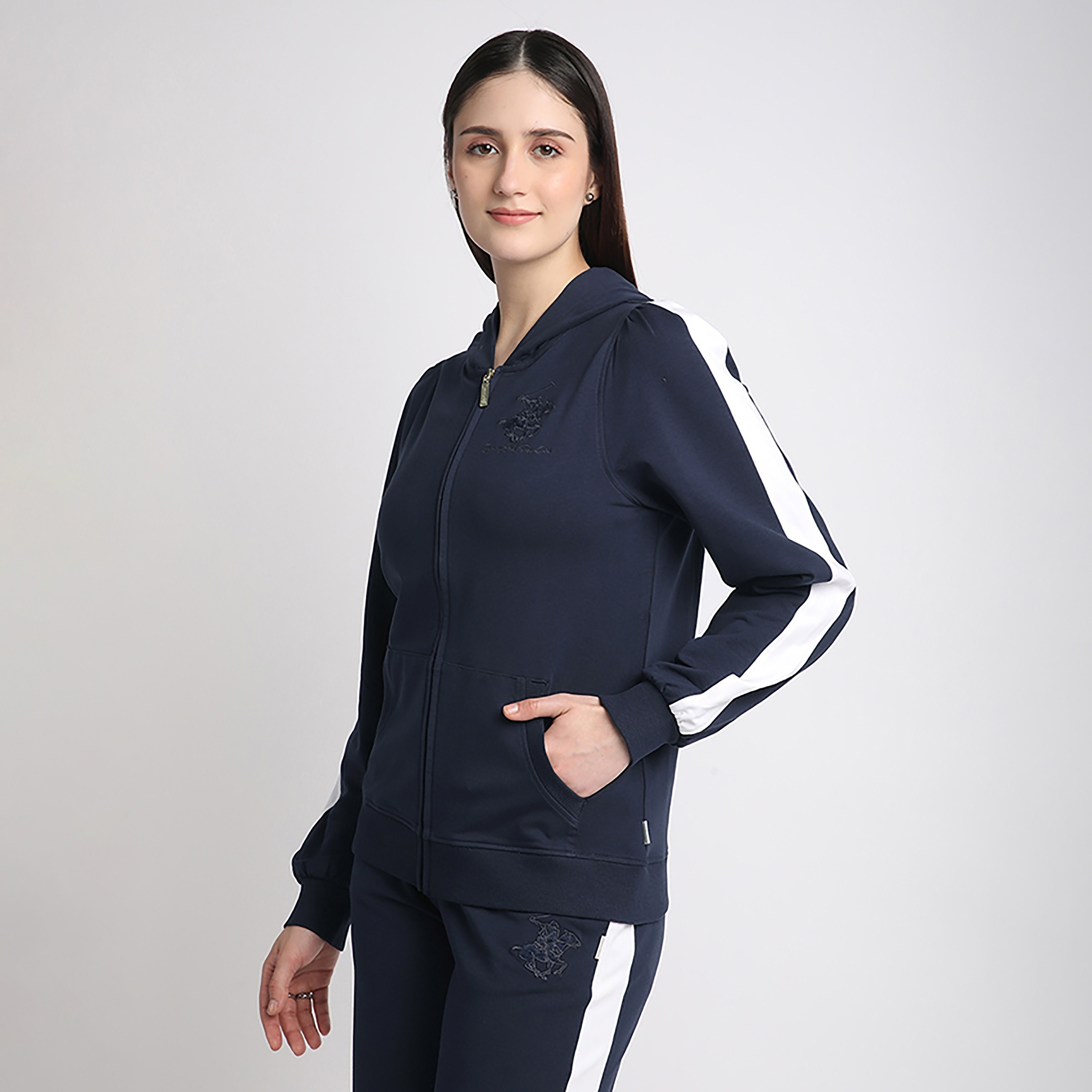 Beverly Hills Polo Club Plain with Stripe Detail Long Sleeves Zip Through Women's Hoodie-women-clothing-hoodiesandsweatshirts-hoodies-image-2