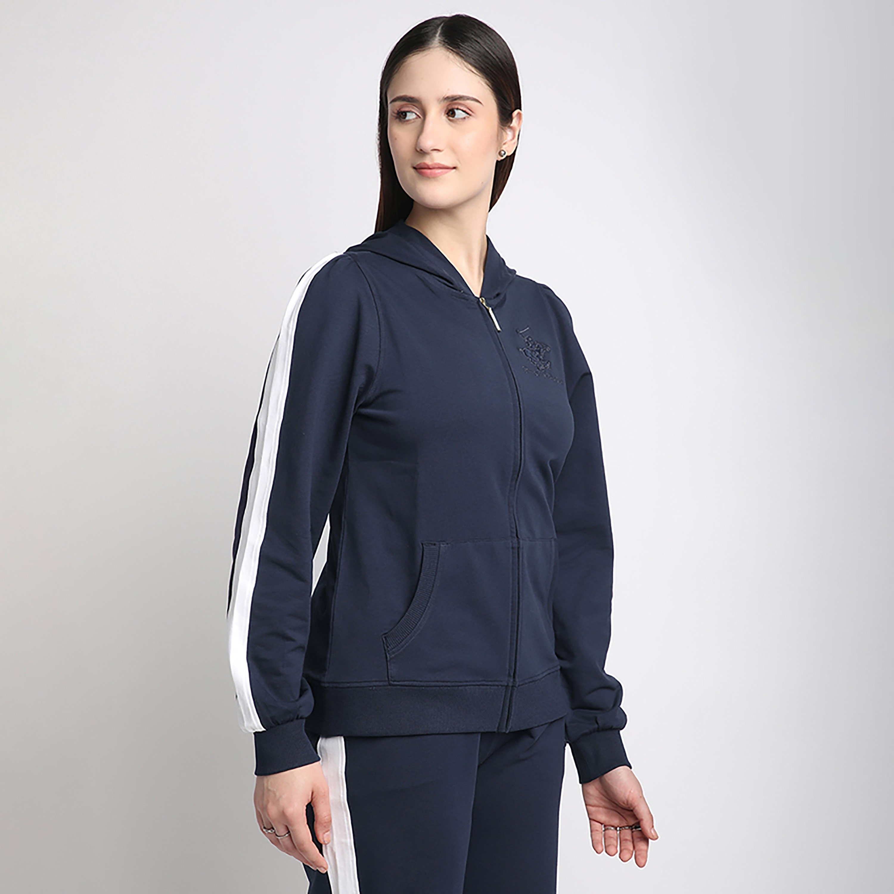 Beverly Hills Polo Club Plain with Stripe Detail Long Sleeves Zip Through Women's Hoodie-women-clothing-hoodiesandsweatshirts-hoodies-image-3