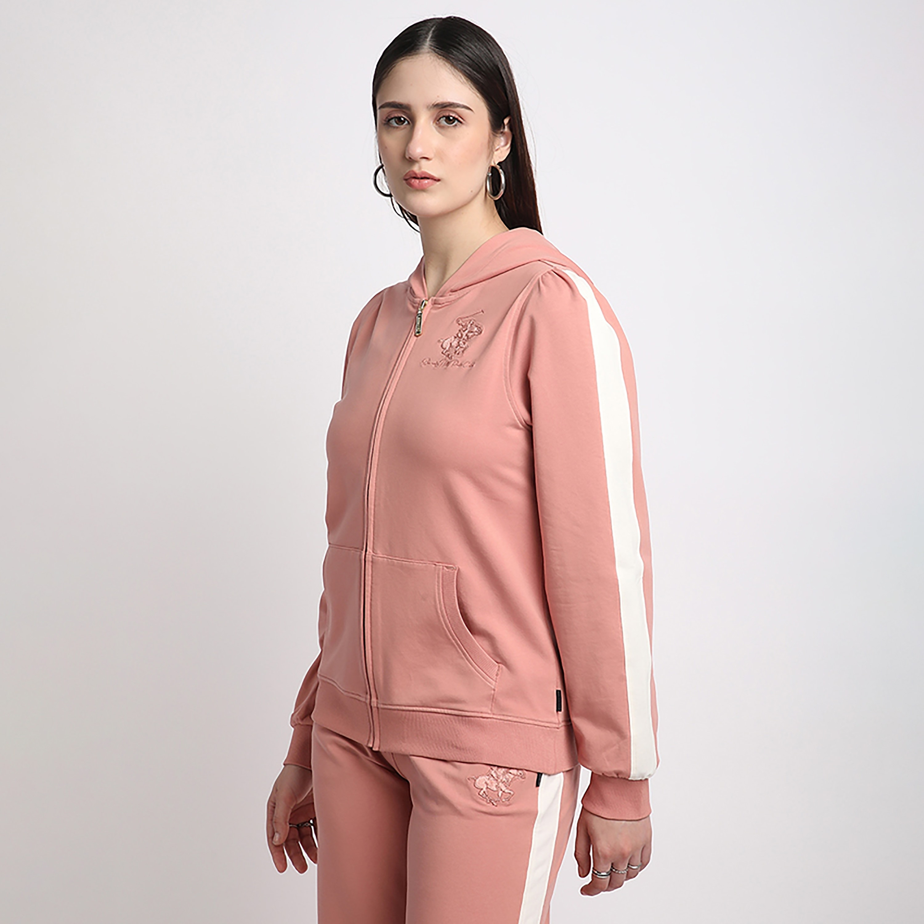 Beverly Hills Polo Club Plain with Stripe Detail Long Sleeves Zip Through Women's Hoodie-women-clothing-hoodiesandsweatshirts-hoodies-image-2