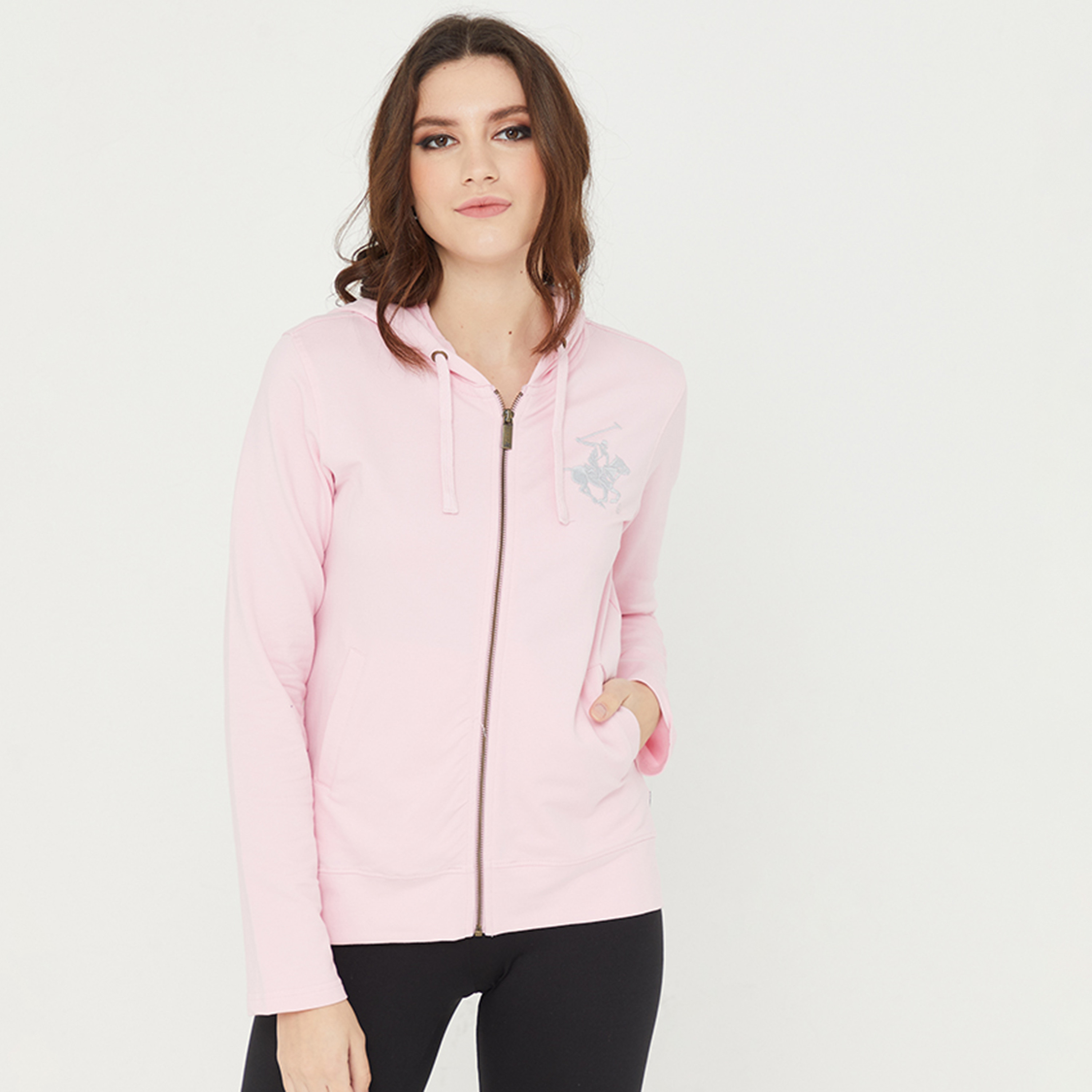 Buy Women s Beverly Hills Polo Club Logo Long Sleeves Zip Through Hoodie with Split Pocket Online Centrepoint UAE