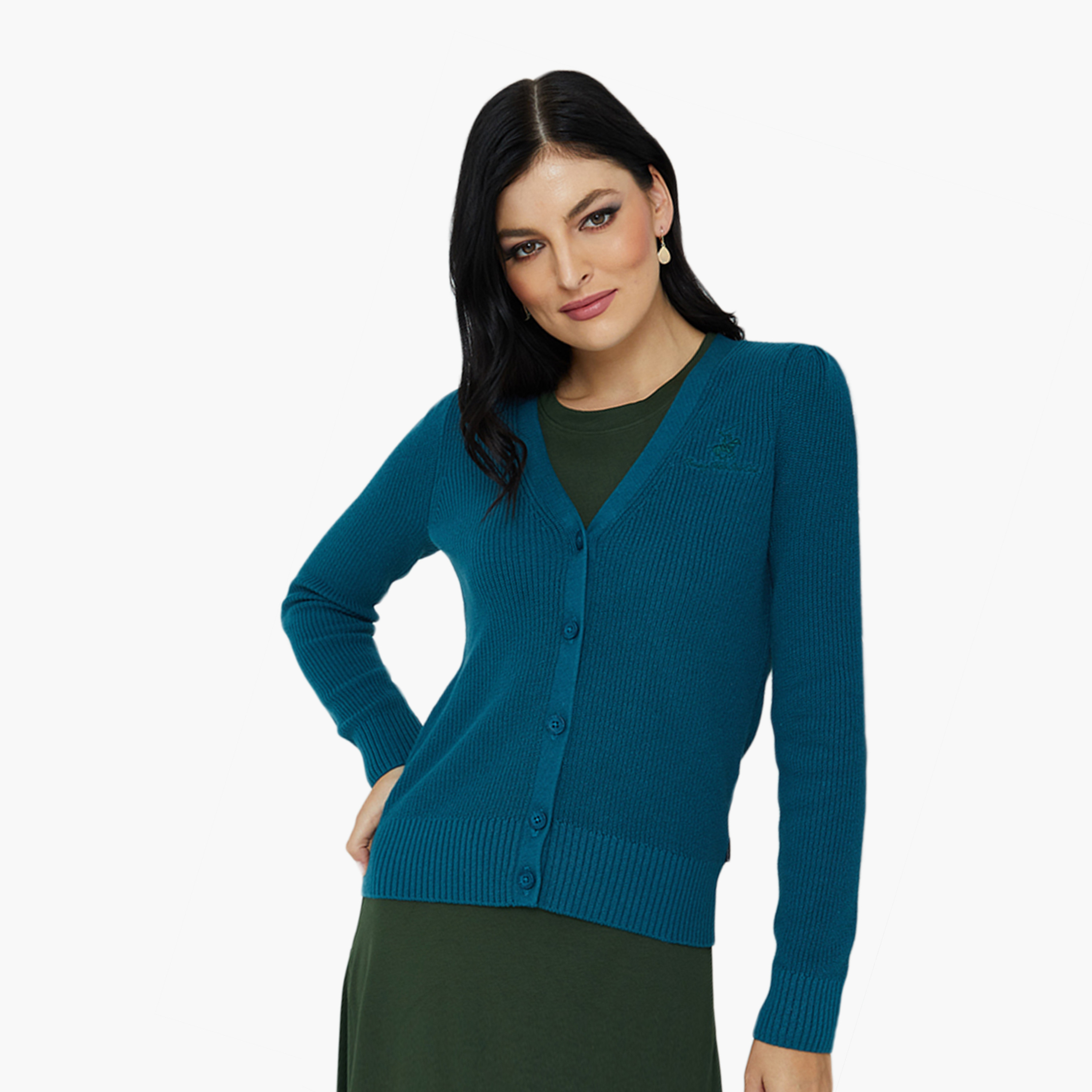 كارديجان نسائي مضلع بياقة على شكل حرف V وأكمام طويلة من بيفرلي هيلز بولو كلوب.-women-winterwear-cardigansandjumpers-cardigans-image-1
