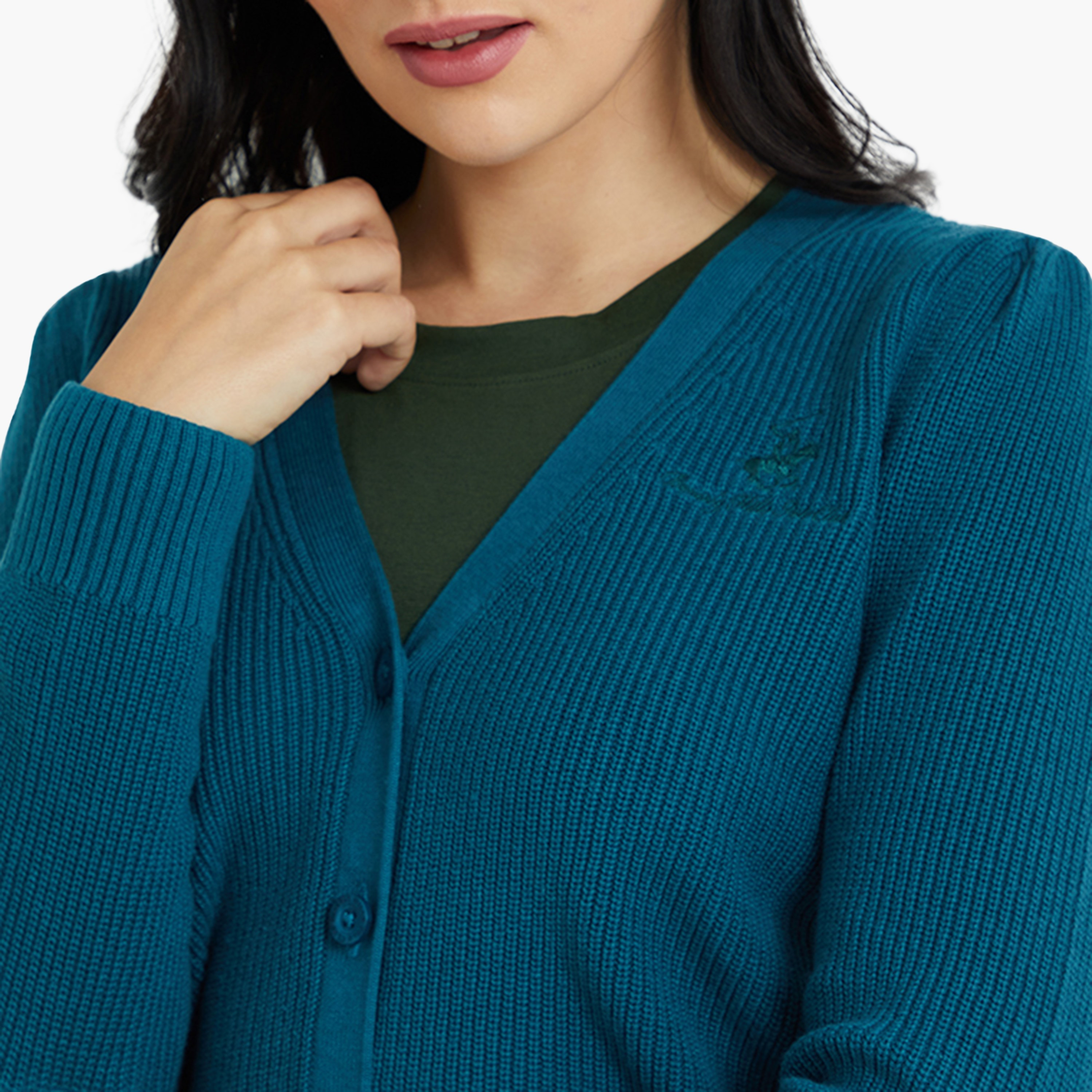 كارديجان نسائي مضلع بياقة على شكل حرف V وأكمام طويلة من بيفرلي هيلز بولو كلوب.-women-winterwear-cardigansandjumpers-cardigans-image-2