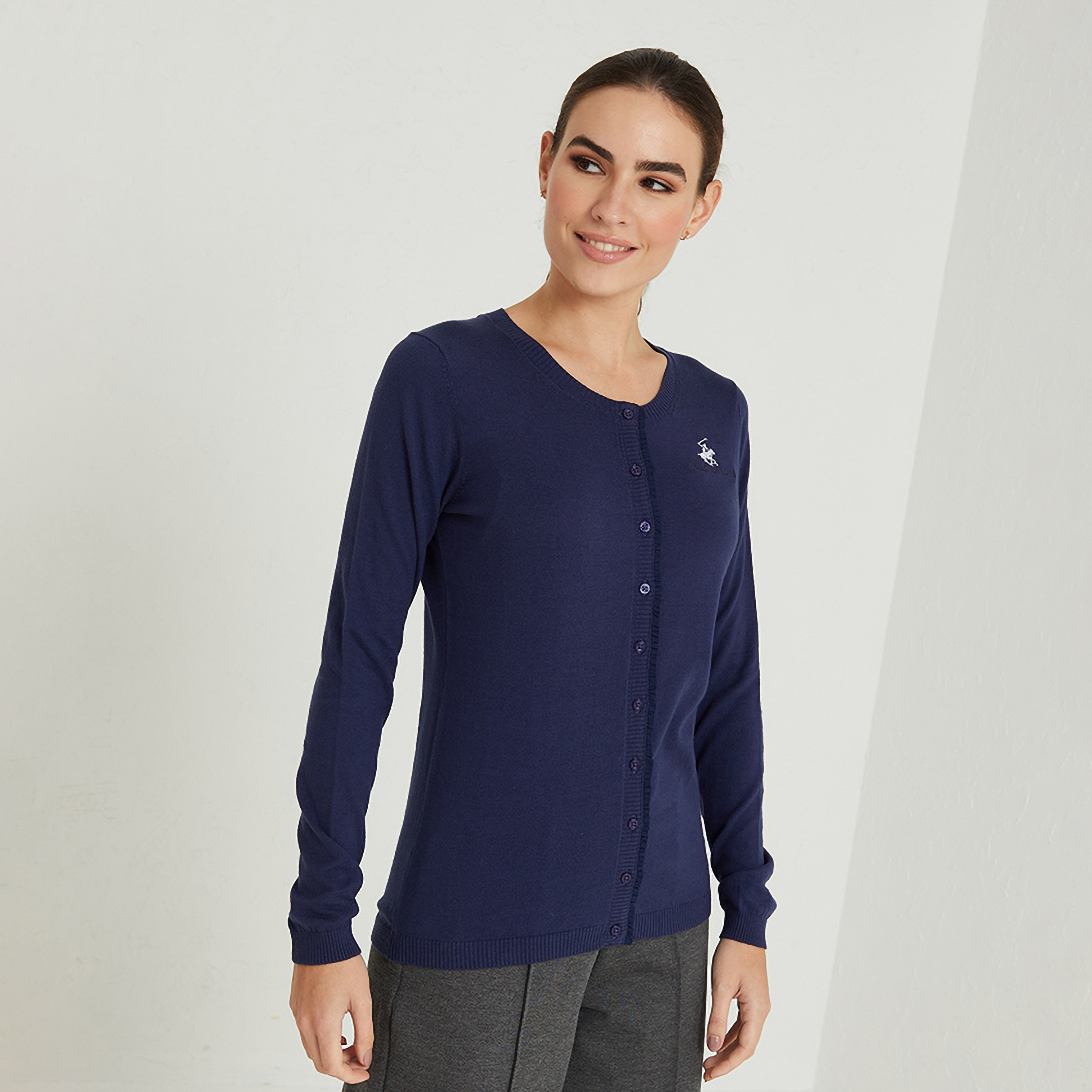 Beverly Hills Polo Club Plain Round Neck Long Sleeves Women's Cardigan-women-winterwear-cardigansandjumpers-cardigans-image-1