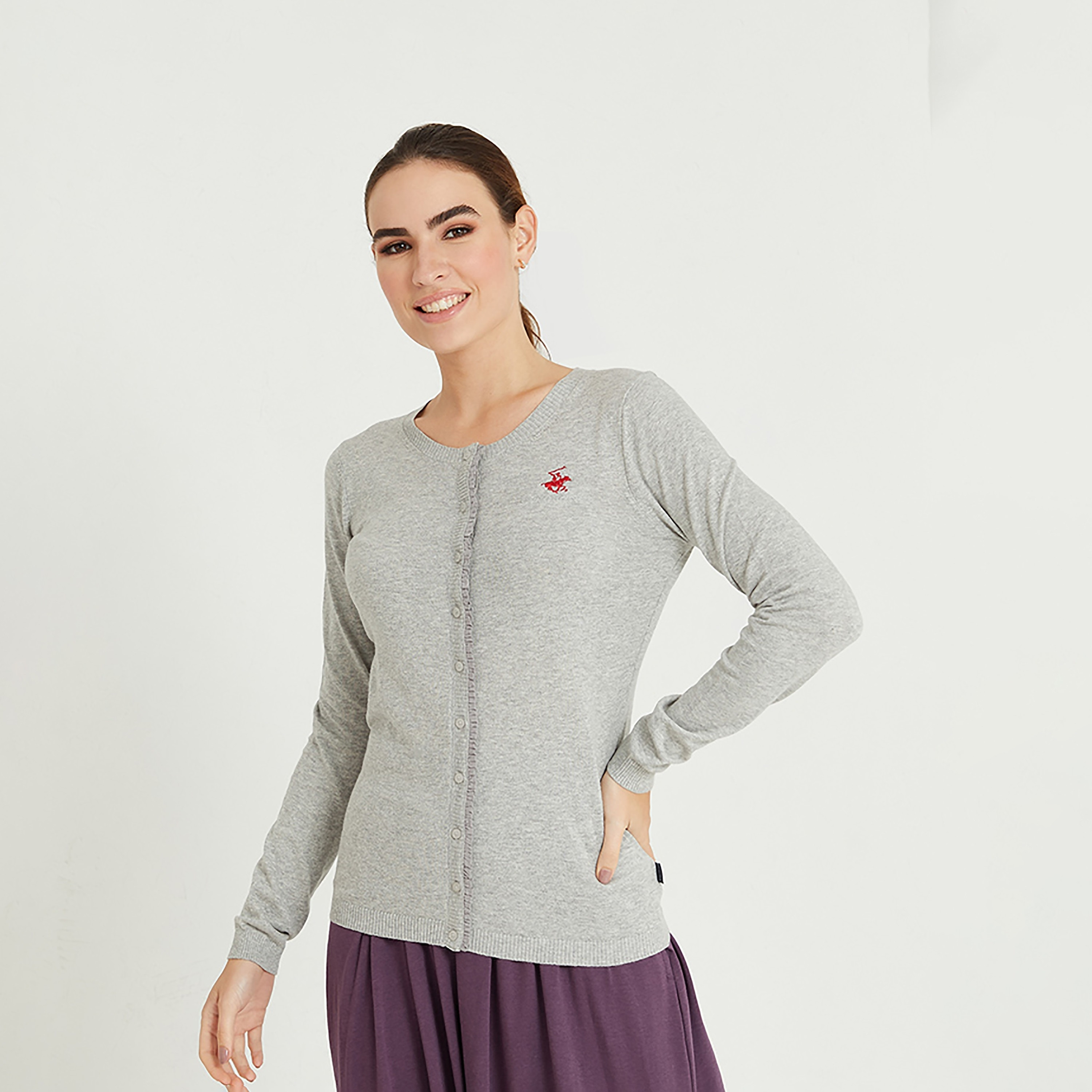 Beverly Hills Polo Club Plain Round Neck Long Sleeves Women's Cardigan-women-winterwear-cardigansandjumpers-cardigans-image-1