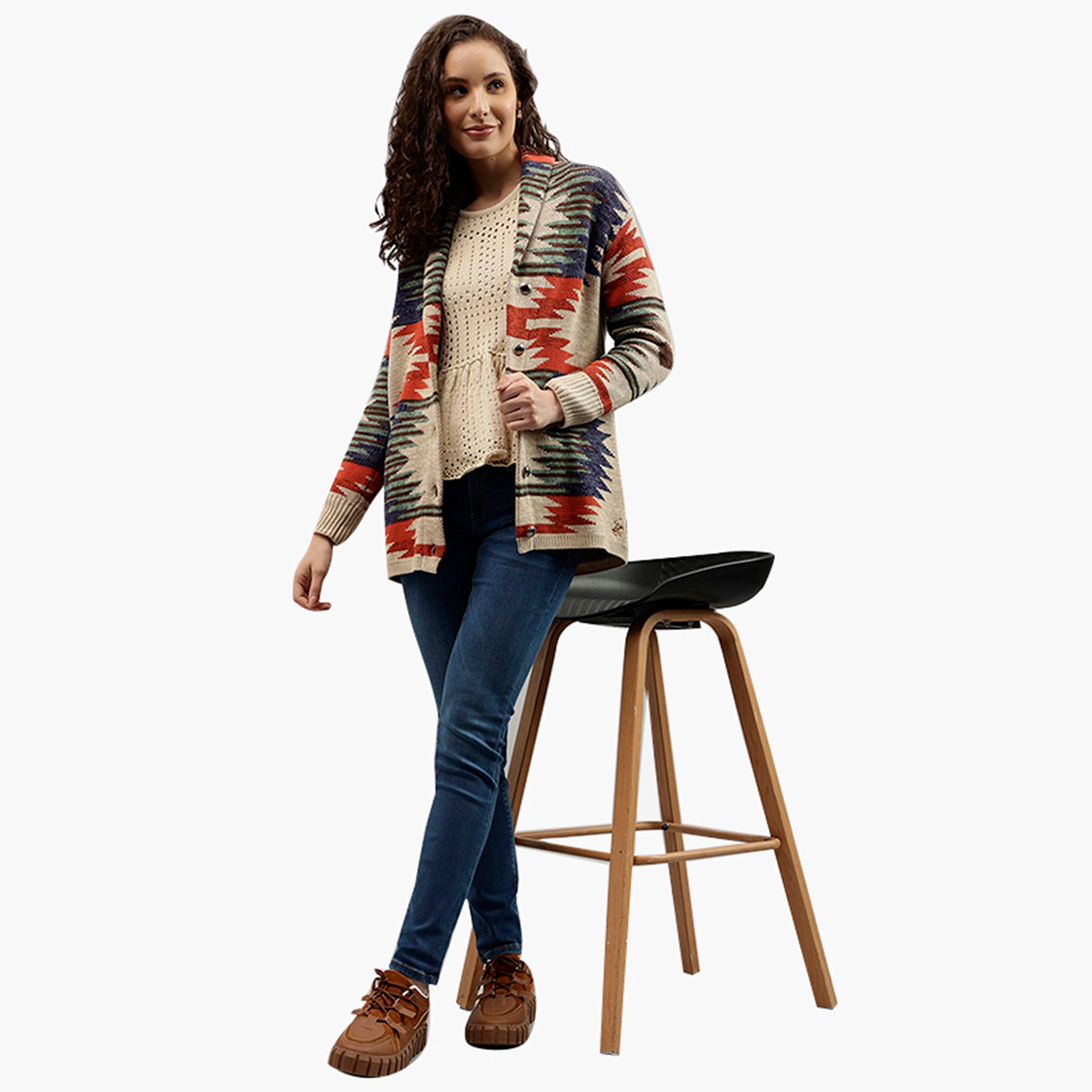 Beverly Hills Polo Club Geometric Motifs Lapel collar Long Sleeves Women's Cardigan-women-winterwear-cardigansandjumpers-cardigans-image-2