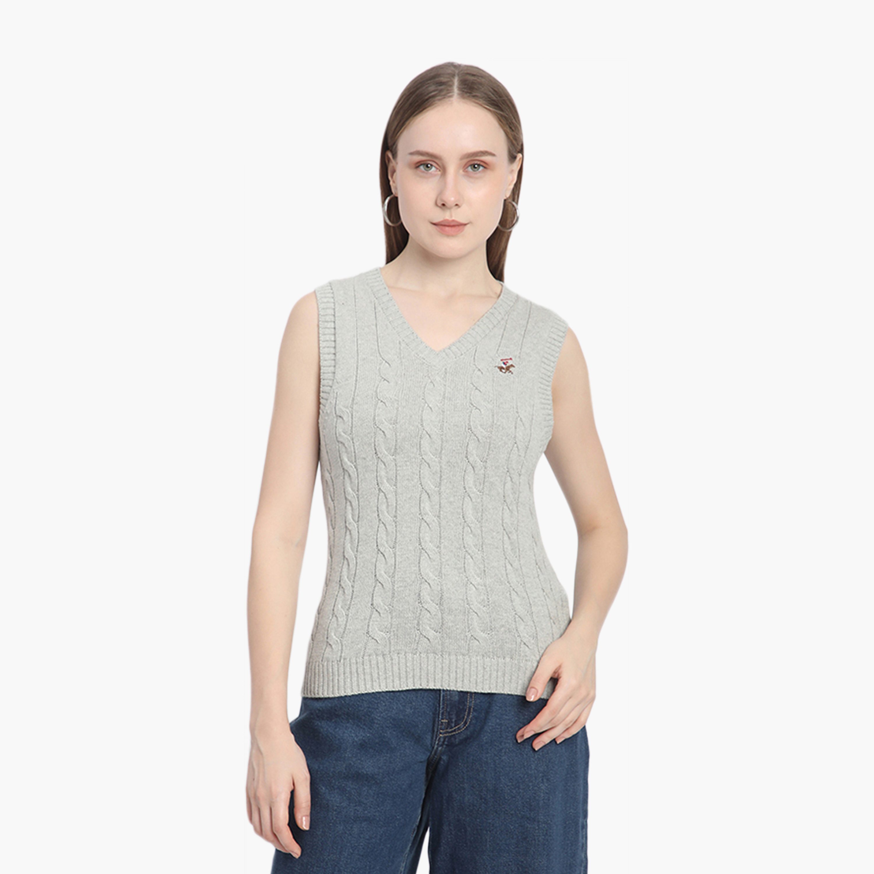 Beverly Hills Polo Club Cable Knit V-Neck Sleeveless Women's Sweater-women-winterwear-cardigansandjumpers-jumpers-image-1