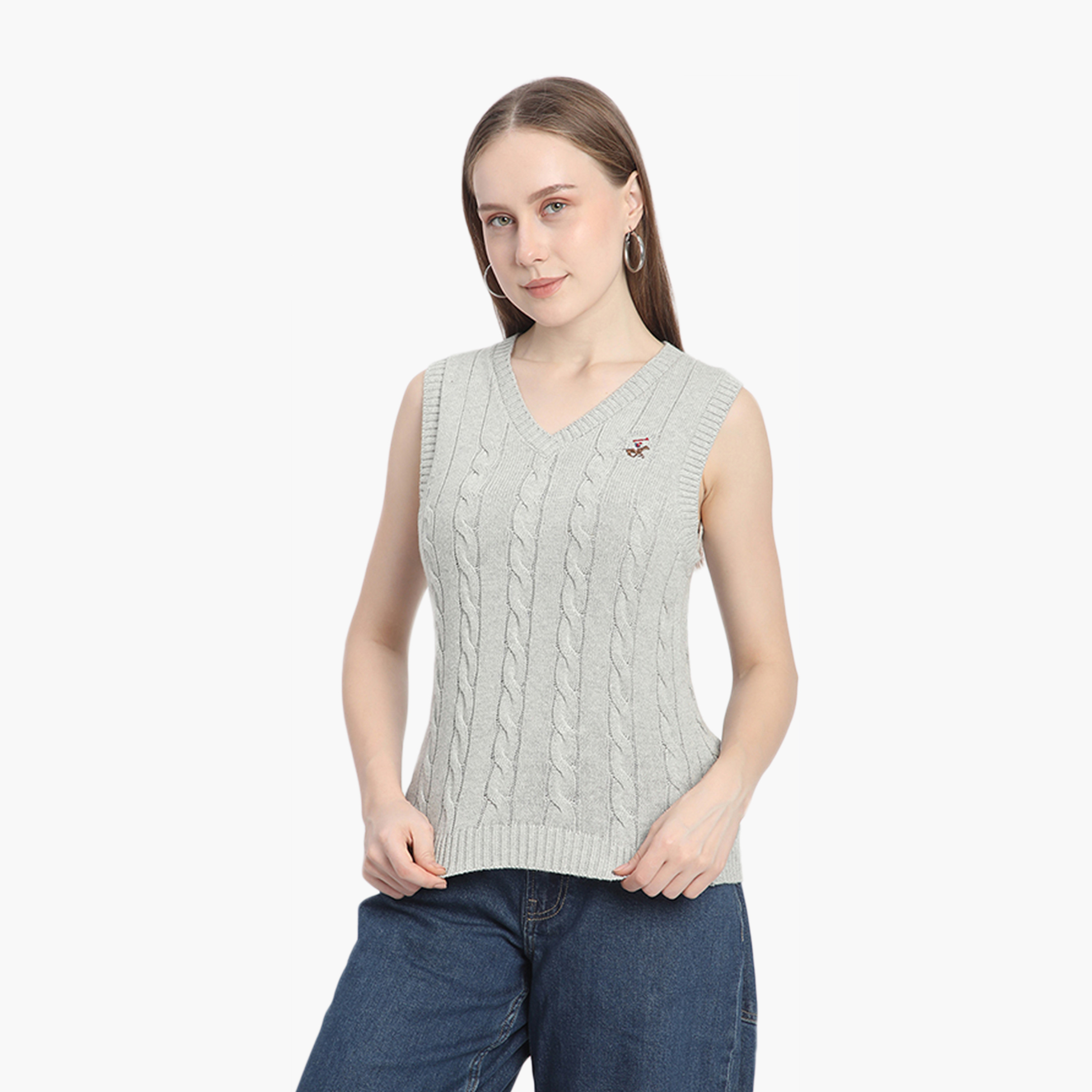 Beverly Hills Polo Club Cable Knit V-Neck Sleeveless Women's Sweater-women-winterwear-cardigansandjumpers-jumpers-image-2