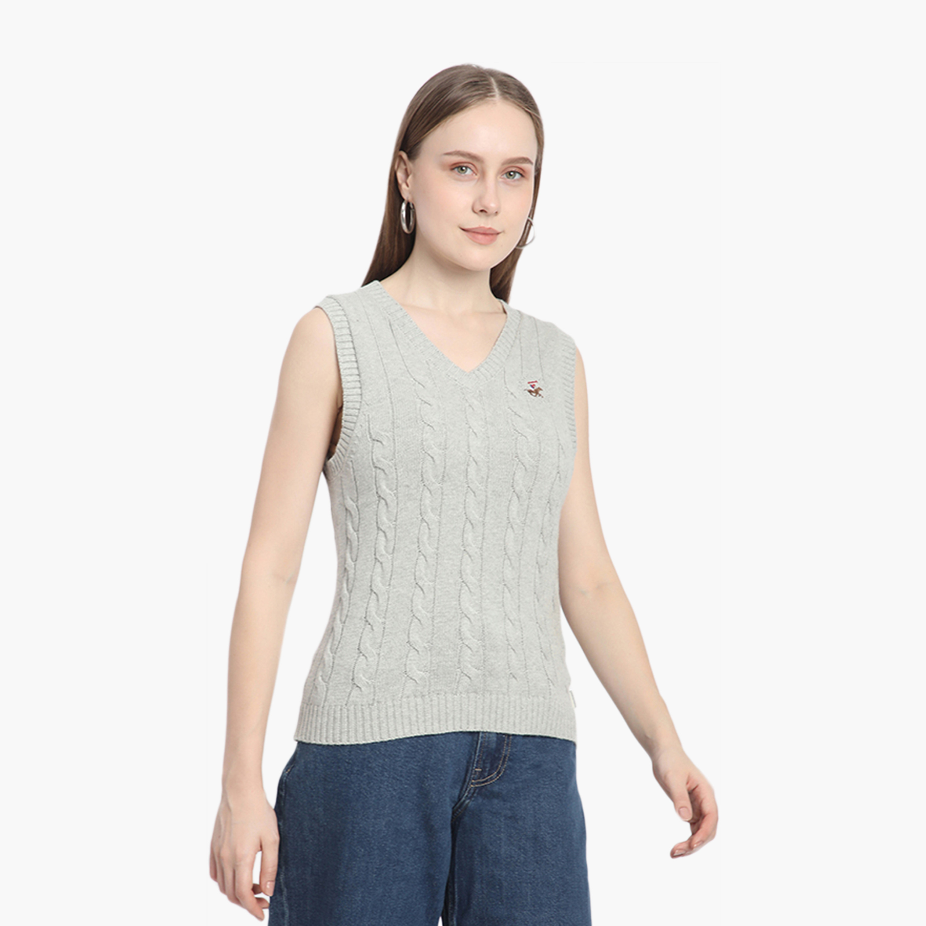 Beverly Hills Polo Club Cable Knit V-Neck Sleeveless Women's Sweater-women-winterwear-cardigansandjumpers-jumpers-image-3