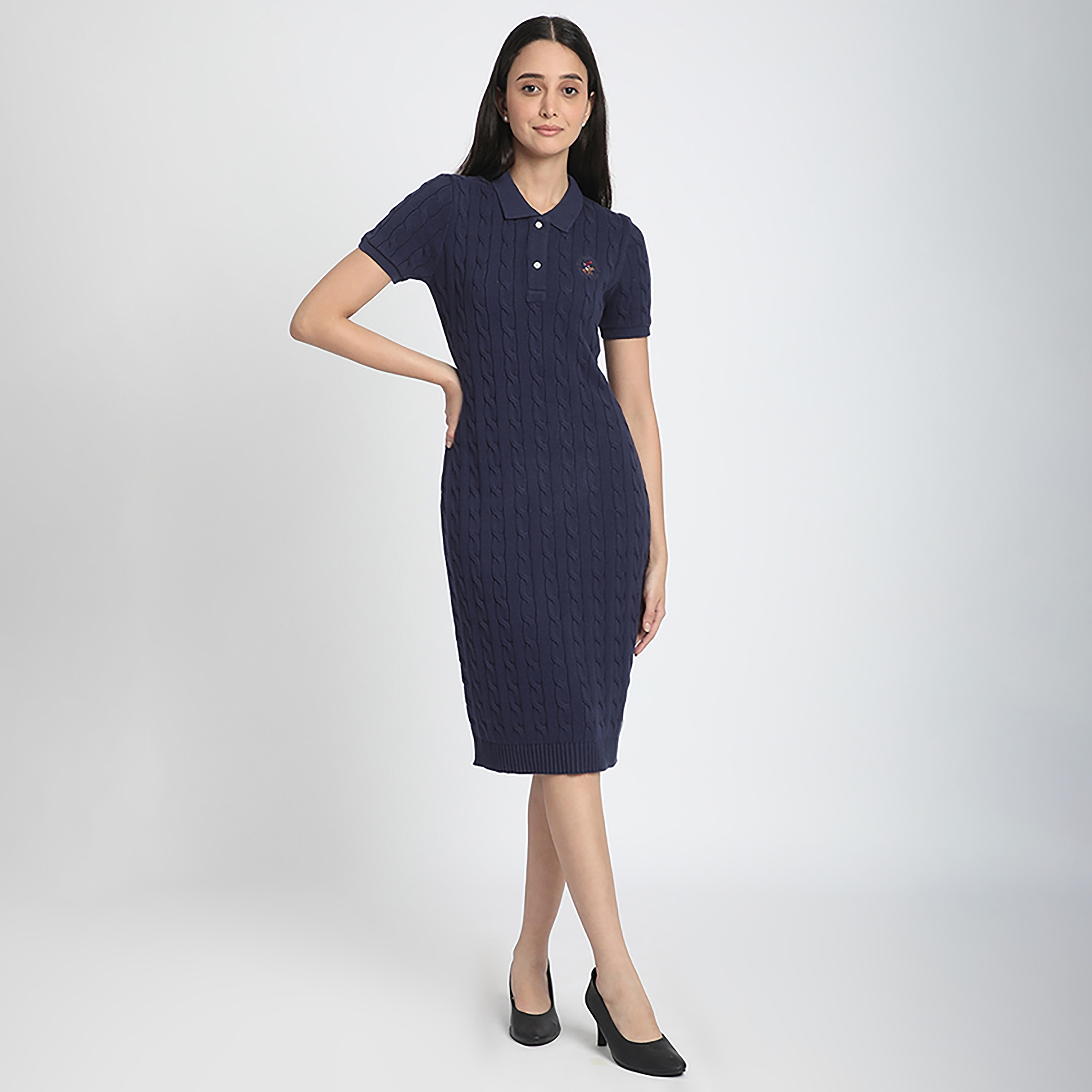 فستان نسائي متوسط الطول محبوك باللون الأزرق الداكن من بيفرلي هيلز بولو كلوب-women-clothing-dresses-image-1