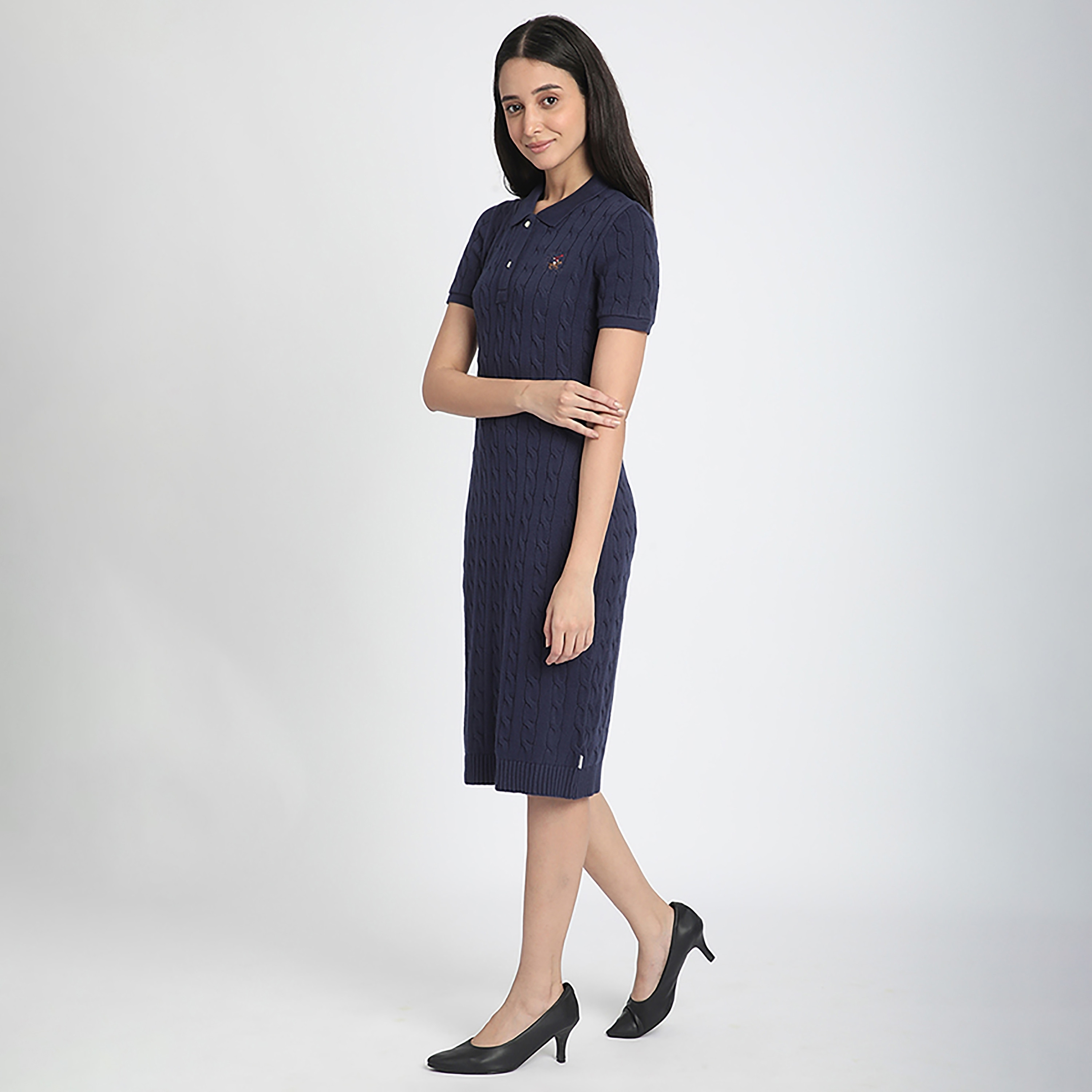 فستان نسائي متوسط الطول محبوك باللون الأزرق الداكن من بيفرلي هيلز بولو كلوب-women-clothing-dresses-image-2