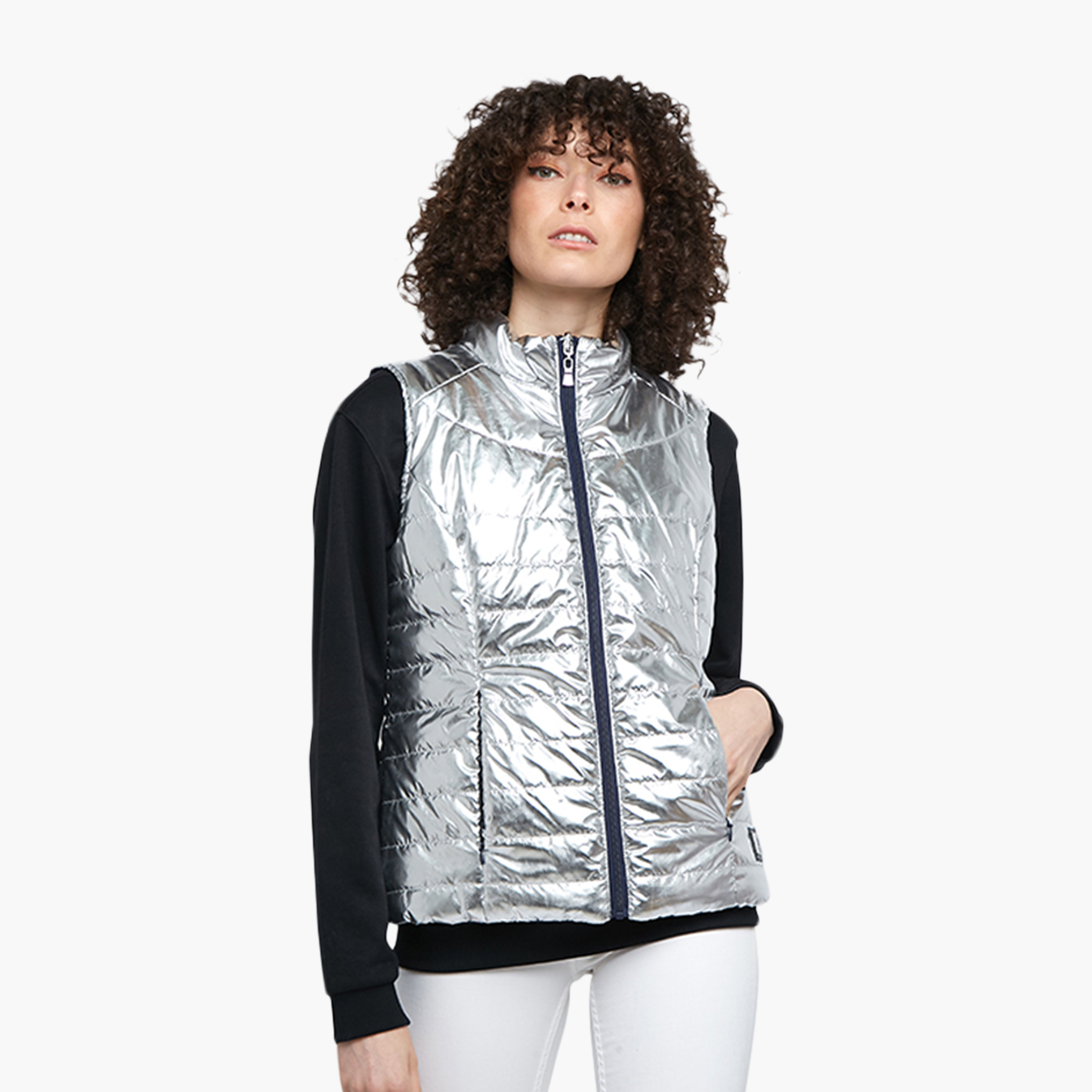 Beverly Hills Polo Club Plain High Neck Sleeveless Women's Gilet Jacket-women-winterwear-coatsandjackets-jackets-image-1