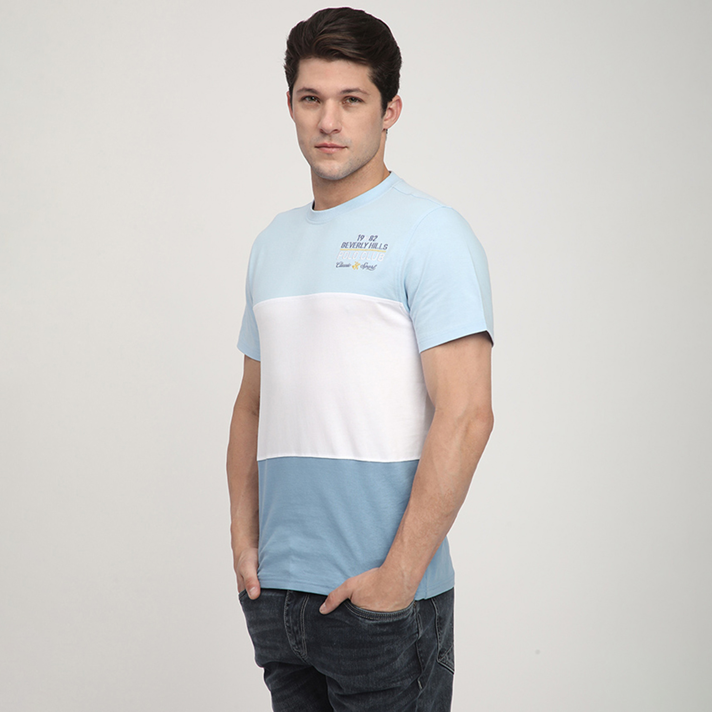 تي شيرت بأكمام قصيرة ورقبة دائرية بتصميم كتل الألوان للرجال من بيفرلي هيلز بولو كلوب-men-clothing-tshirtsandpolos-tshirts-image-3