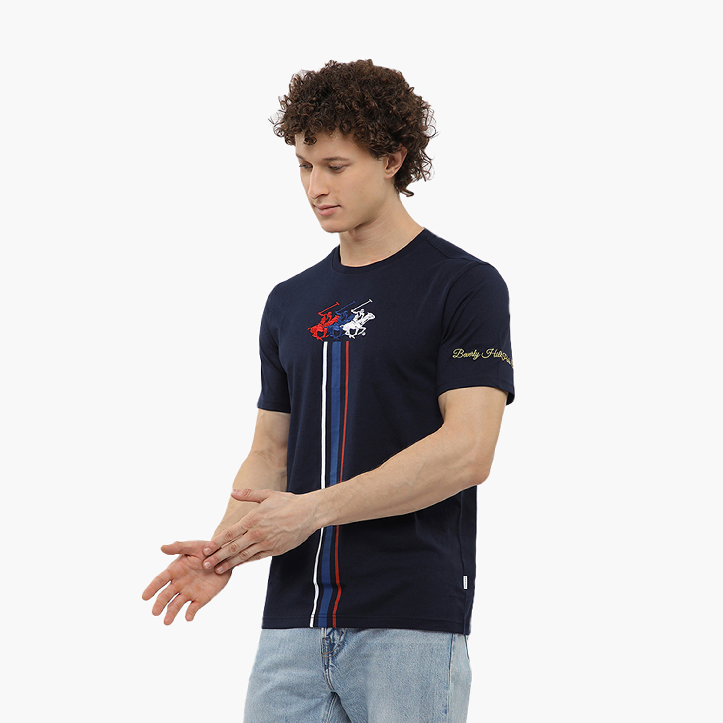 تيشيرت رجالي مخطط ومطرز بشعار بياقة مستديرة وأكمام قصيرة من بيفرلي هيلز بولو كلوب-men-clothing-tshirtsandpolos-tshirts-image-7
