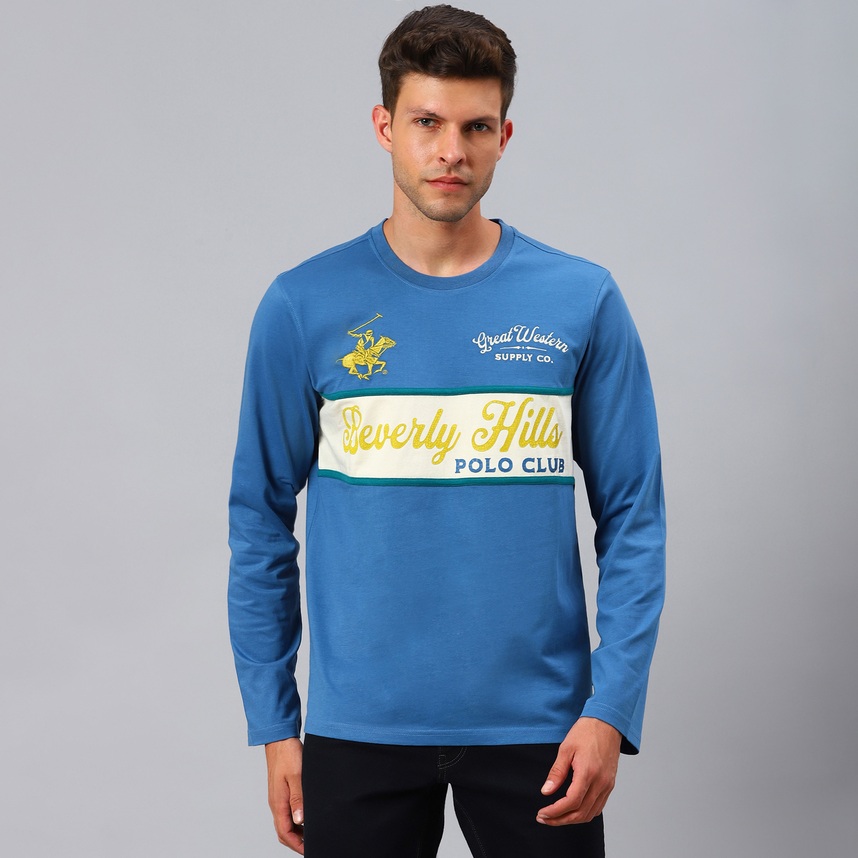 تي شيرت بيفرلي هيلز بولو كلب أزرق منسوج بياقة مستديرة وأكمام طويلة للرجال-men-clothing-tshirtsandpolos-tshirts-image-1