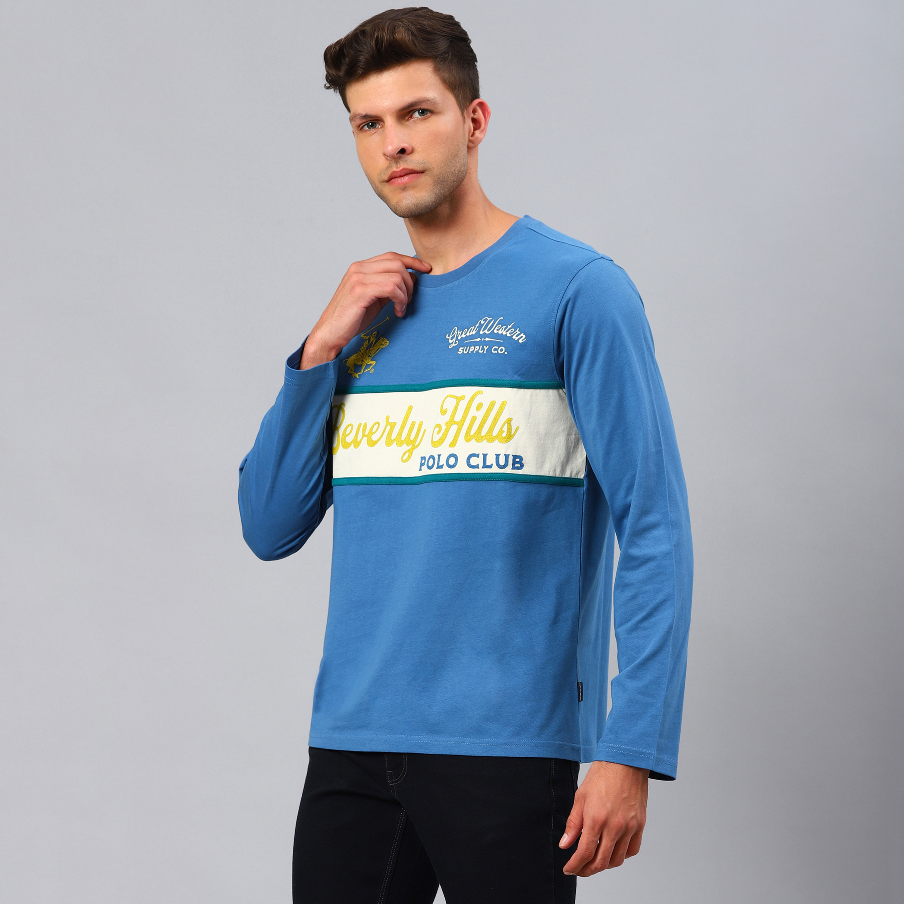 Beverly Hills Polo Club Men Blue Colour Blocked Crew Neck Long Sleeves T-Shirt-men-clothing-tshirtsandpolos-tshirts-image-2