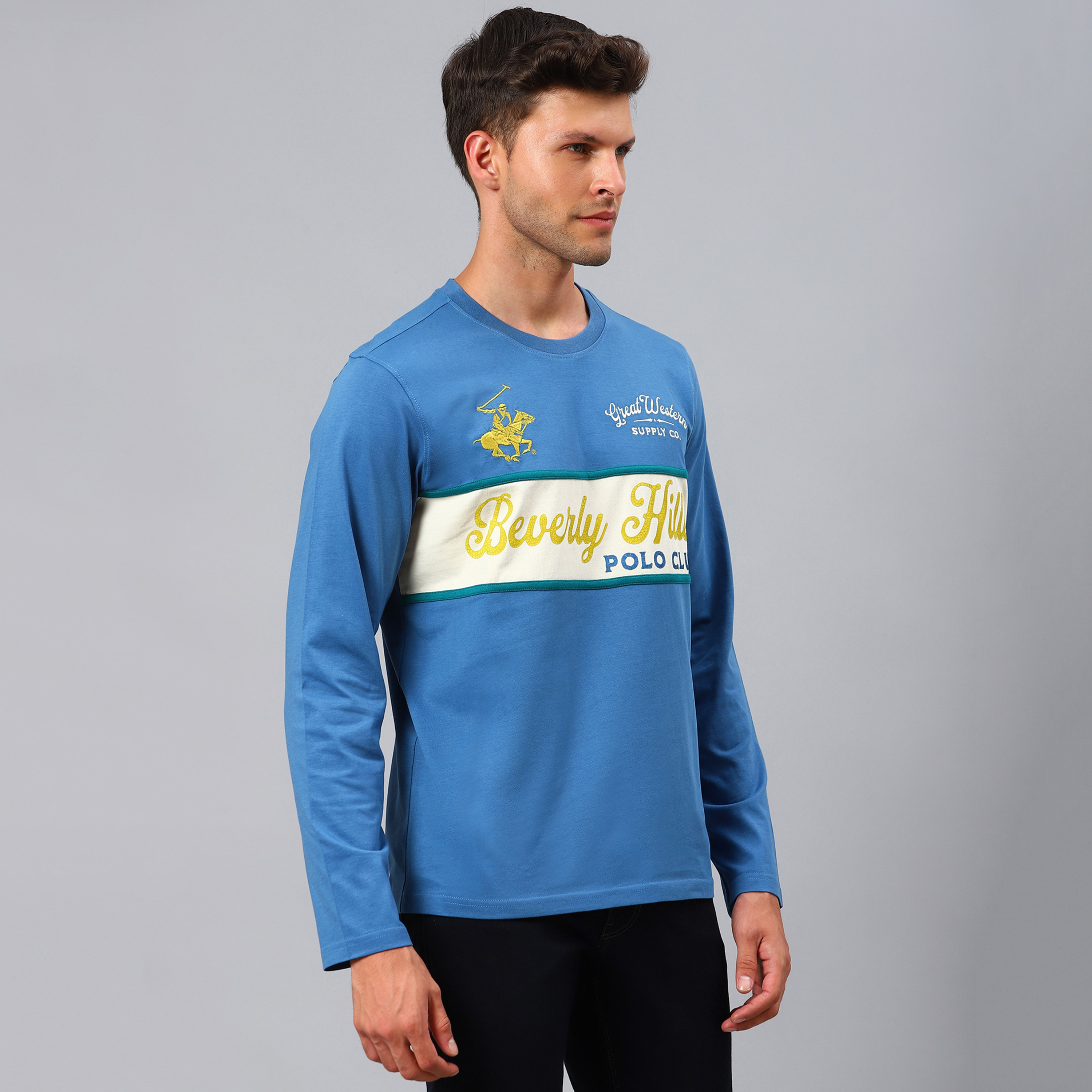 تي شيرت بيفرلي هيلز بولو كلب أزرق منسوج بياقة مستديرة وأكمام طويلة للرجال-men-clothing-tshirtsandpolos-tshirts-image-3