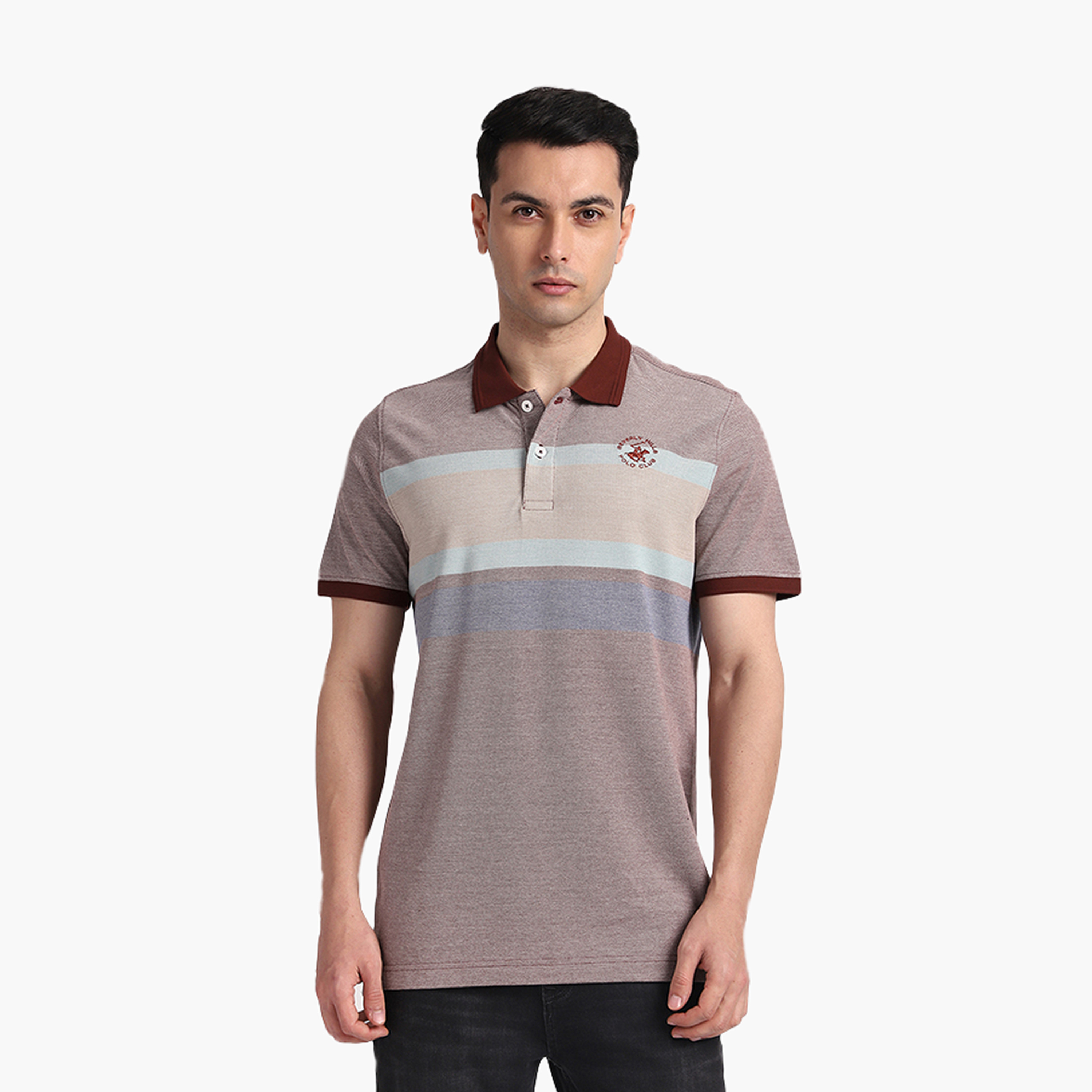 تي شيرت بولو رجالي مخطط بأكمام قصيرة وياقة من بيفرلي هيلز بولو كلوب-men-clothing-tshirtsandpolos-polos-image-1