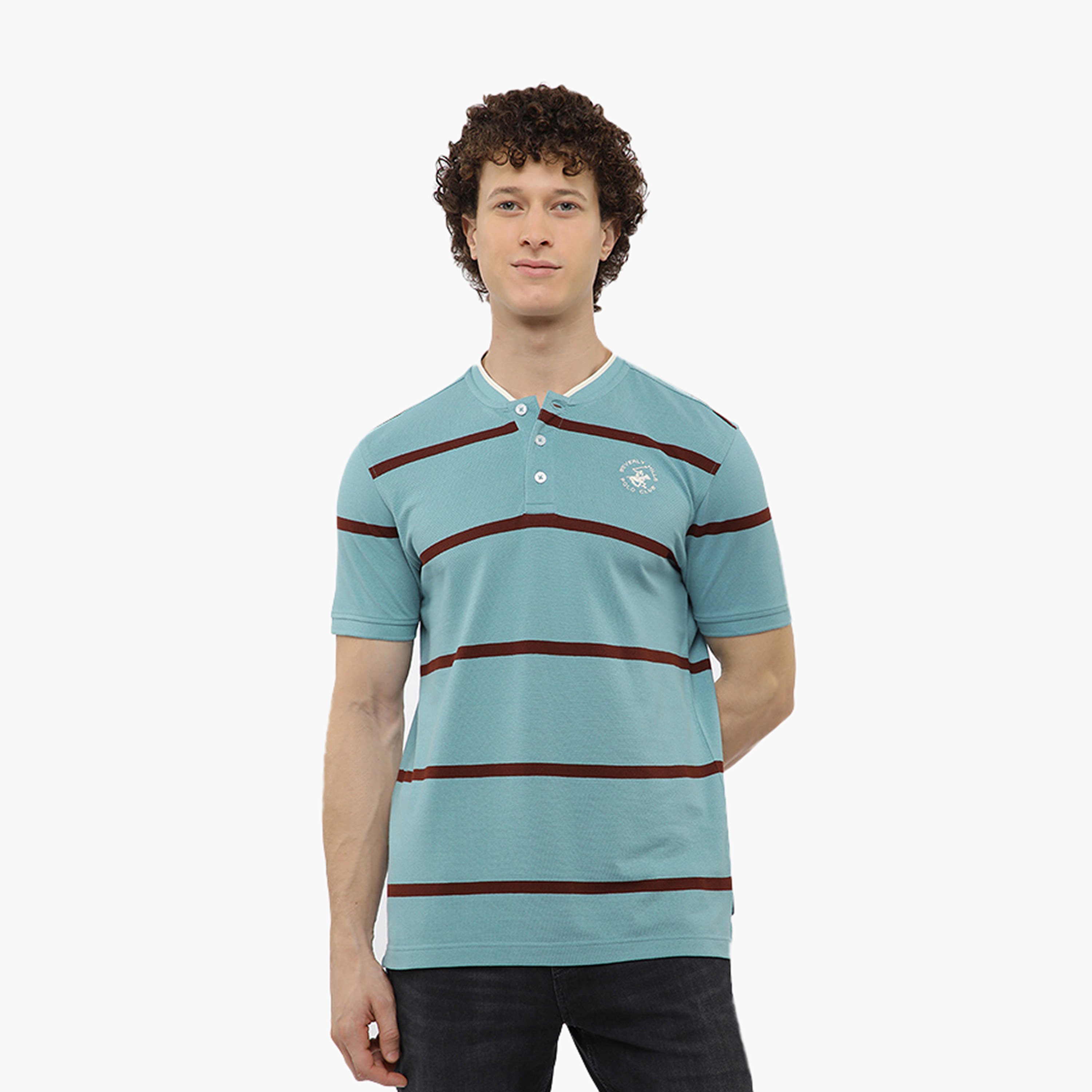 تيشيرت مخطط بياقة هنلي وأكمام قصيرة من بيفرلي هيلز بولو كلوب-men-clothing-tshirtsandpolos-tshirts-image-1