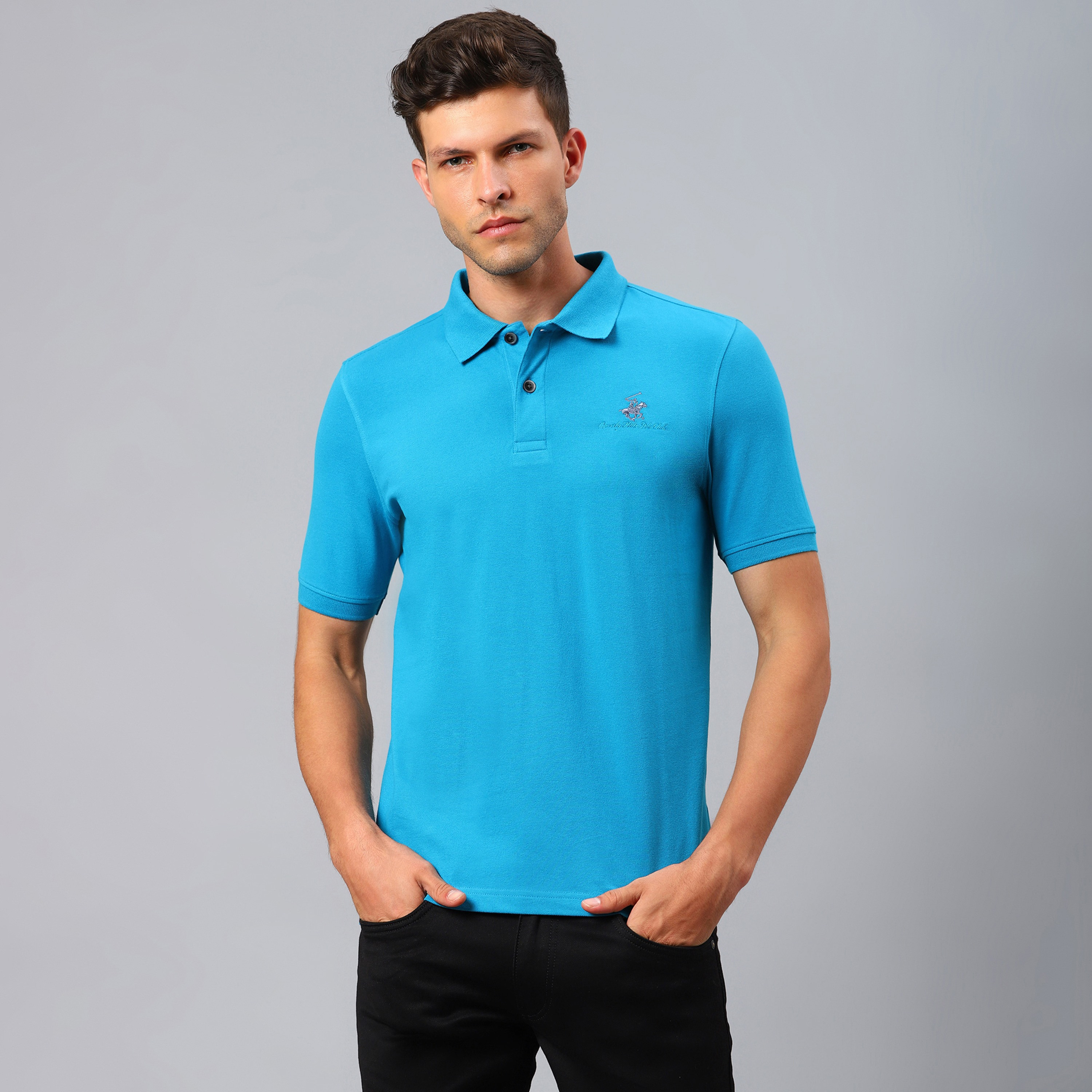 تي شيرت بيفرلي هيلز بولو كلب بأكمام قصيرة سادة بلون أزرق للرجال-men-clothing-tshirtsandpolos-polos-image-1