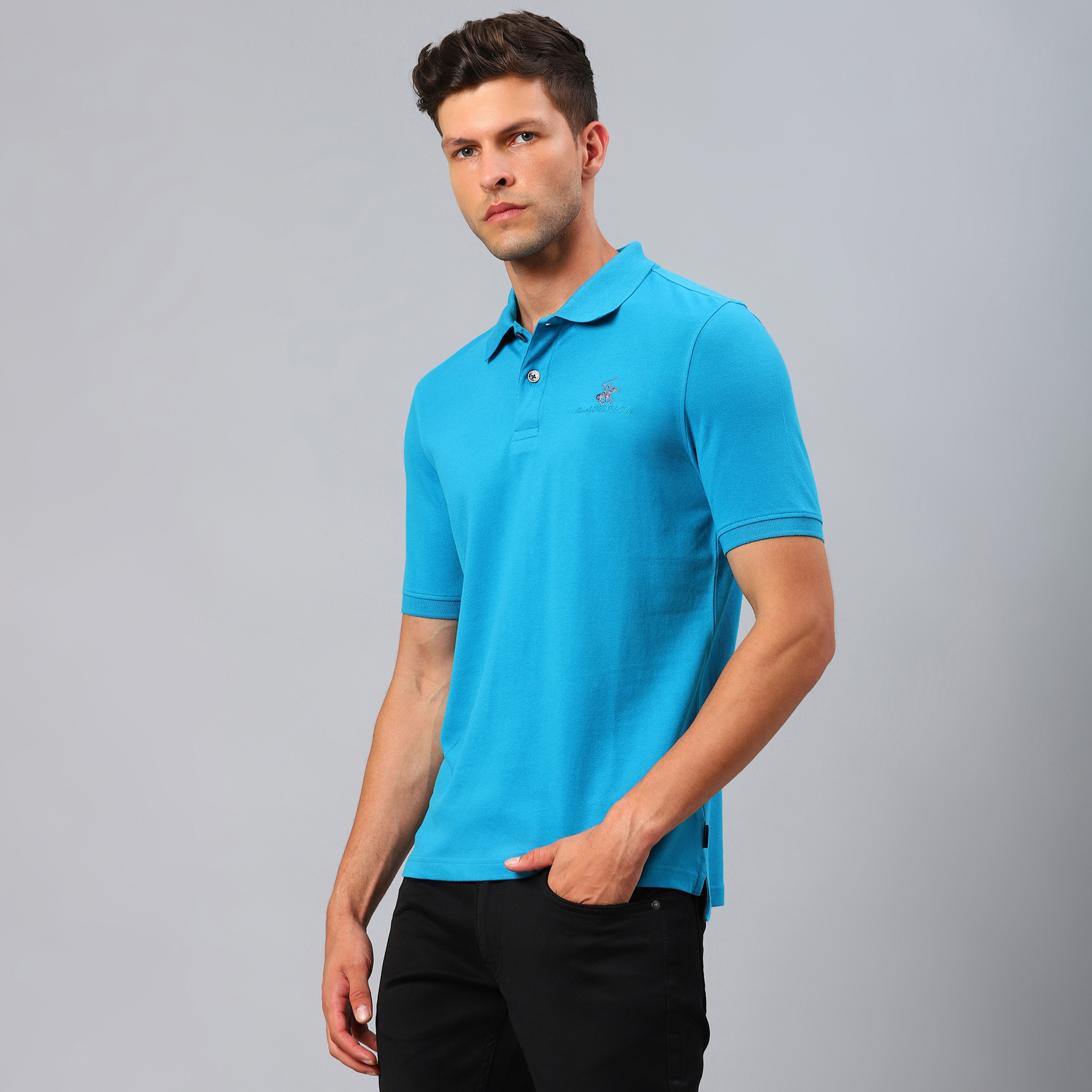 تي شيرت بيفرلي هيلز بولو كلب بأكمام قصيرة سادة بلون أزرق للرجال-men-clothing-tshirtsandpolos-polos-image-2