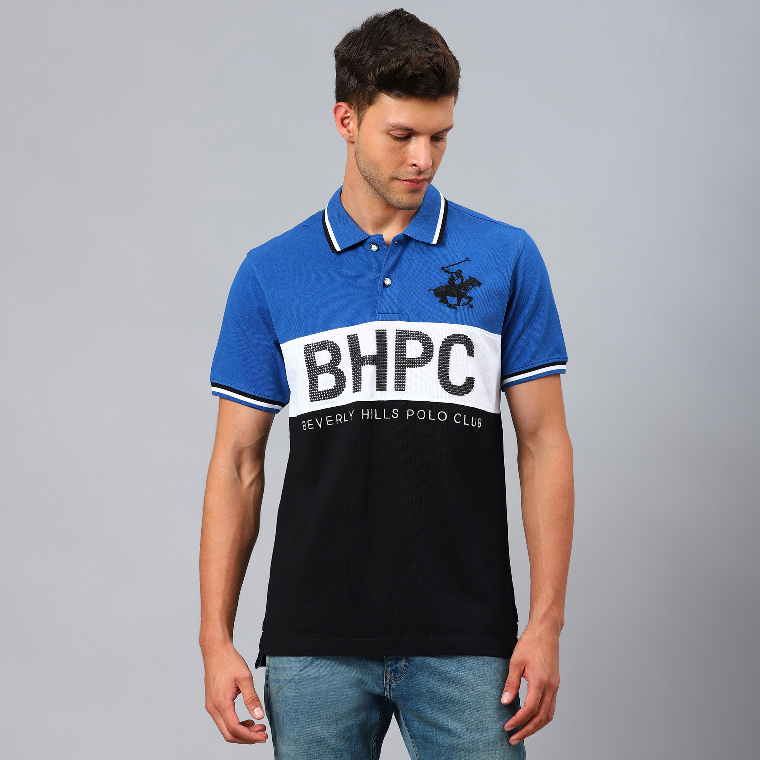 تي شيرت بيفرلي هيلز بولو كلب بأكمام قصيرة مع منسوجة بلون ازرق للرجال-men-clothing-tshirtsandpolos-polos-image-1
