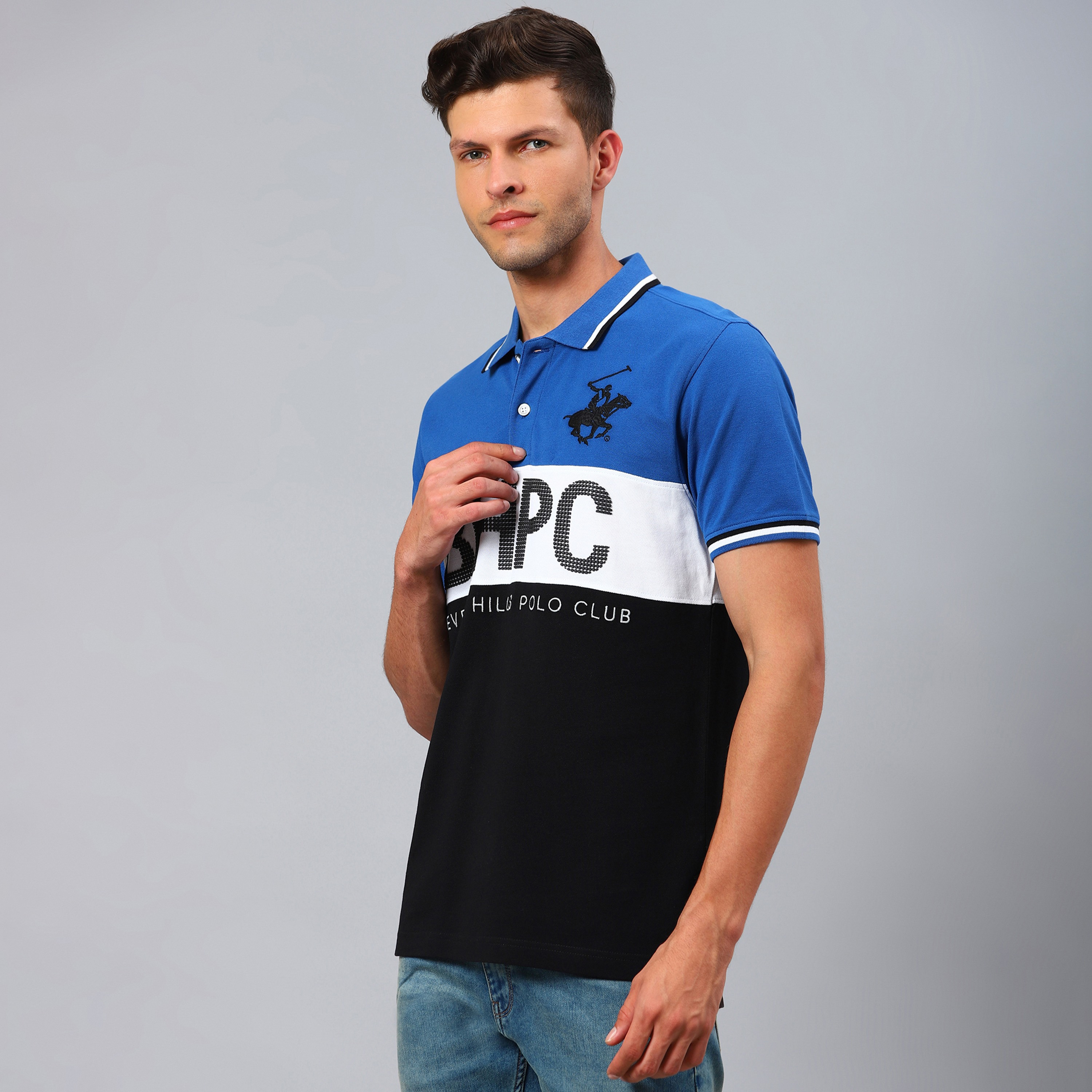 تي شيرت بيفرلي هيلز بولو كلب بأكمام قصيرة مع منسوجة بلون ازرق للرجال-men-clothing-tshirtsandpolos-polos-image-2