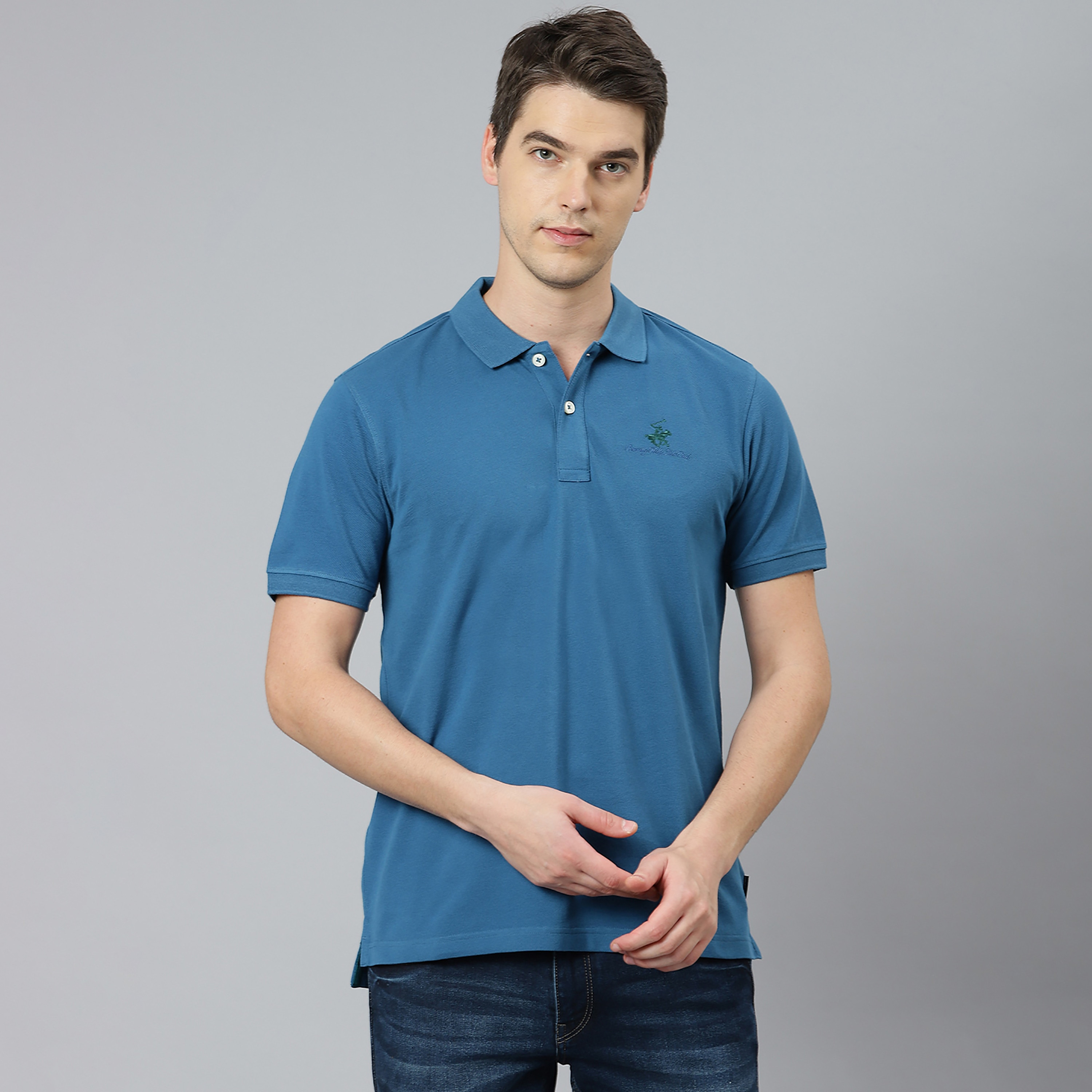 تي شيرت بيفرلي هيلز بولو كلب بأكمام قصيرة سادة بلون أزرق للرجال-men-clothing-tshirtsandpolos-polos-image-1