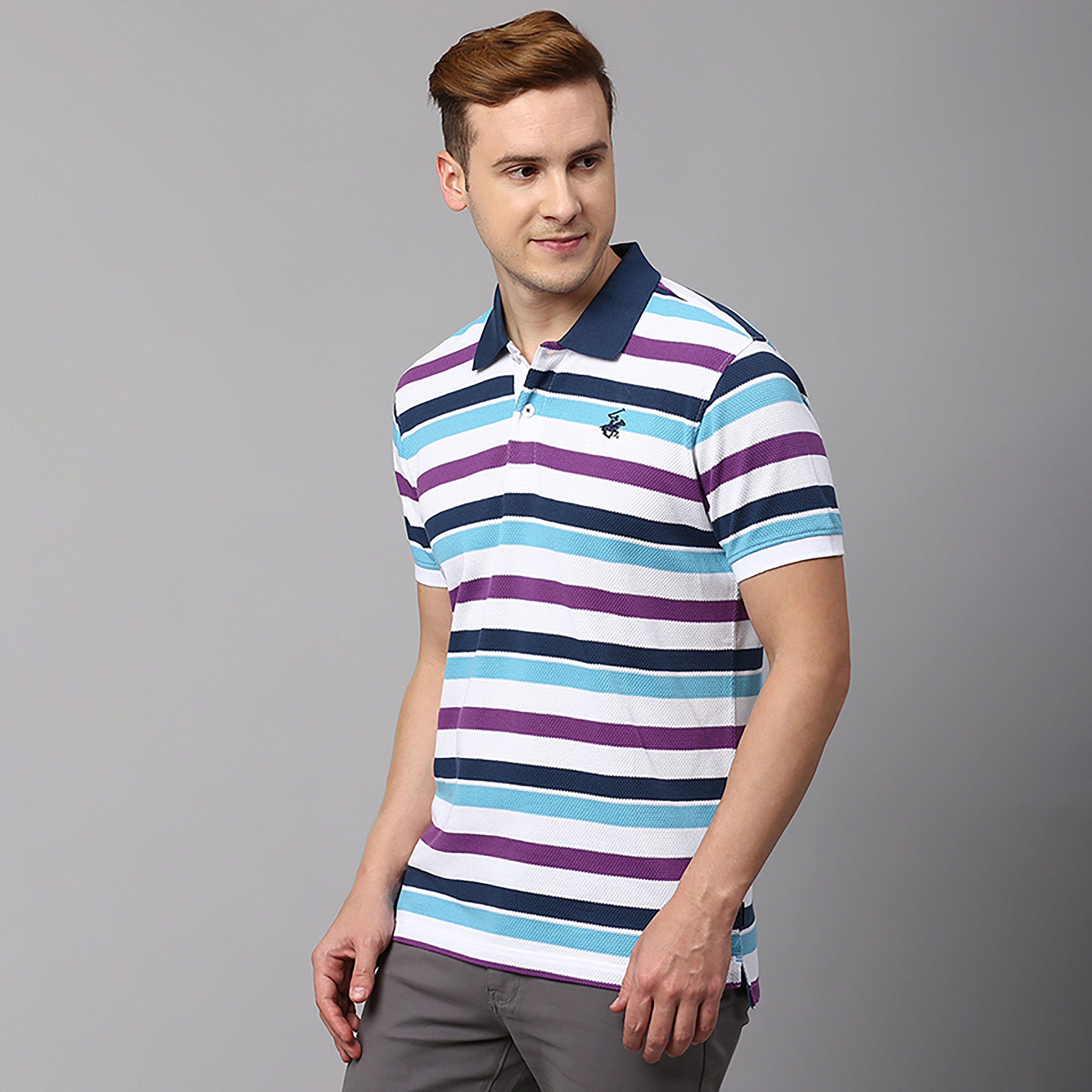 تي شيرت بولو بياقة مزين بأشرطة بالمربعات وأكمام قصيرة من بيفرلي هيلز بولو كلوب-men-clothing-tshirtsandpolos-polos-image-3