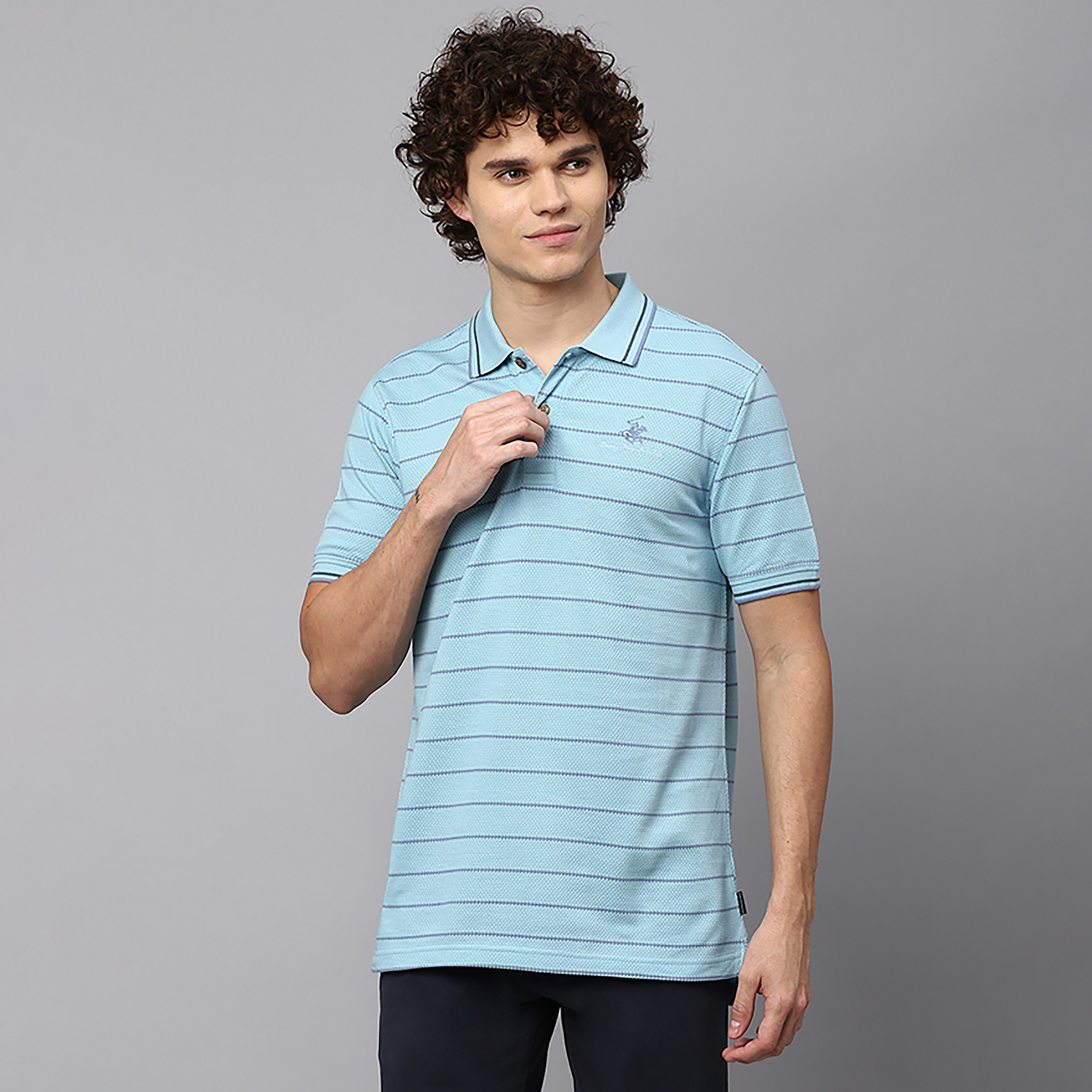تي شيرت بولو بياقة مزين بأشرطة بالمربعات وأكمام قصيرة من بيفرلي هيلز بولو كلوب-men-clothing-tshirtsandpolos-polos-image-1