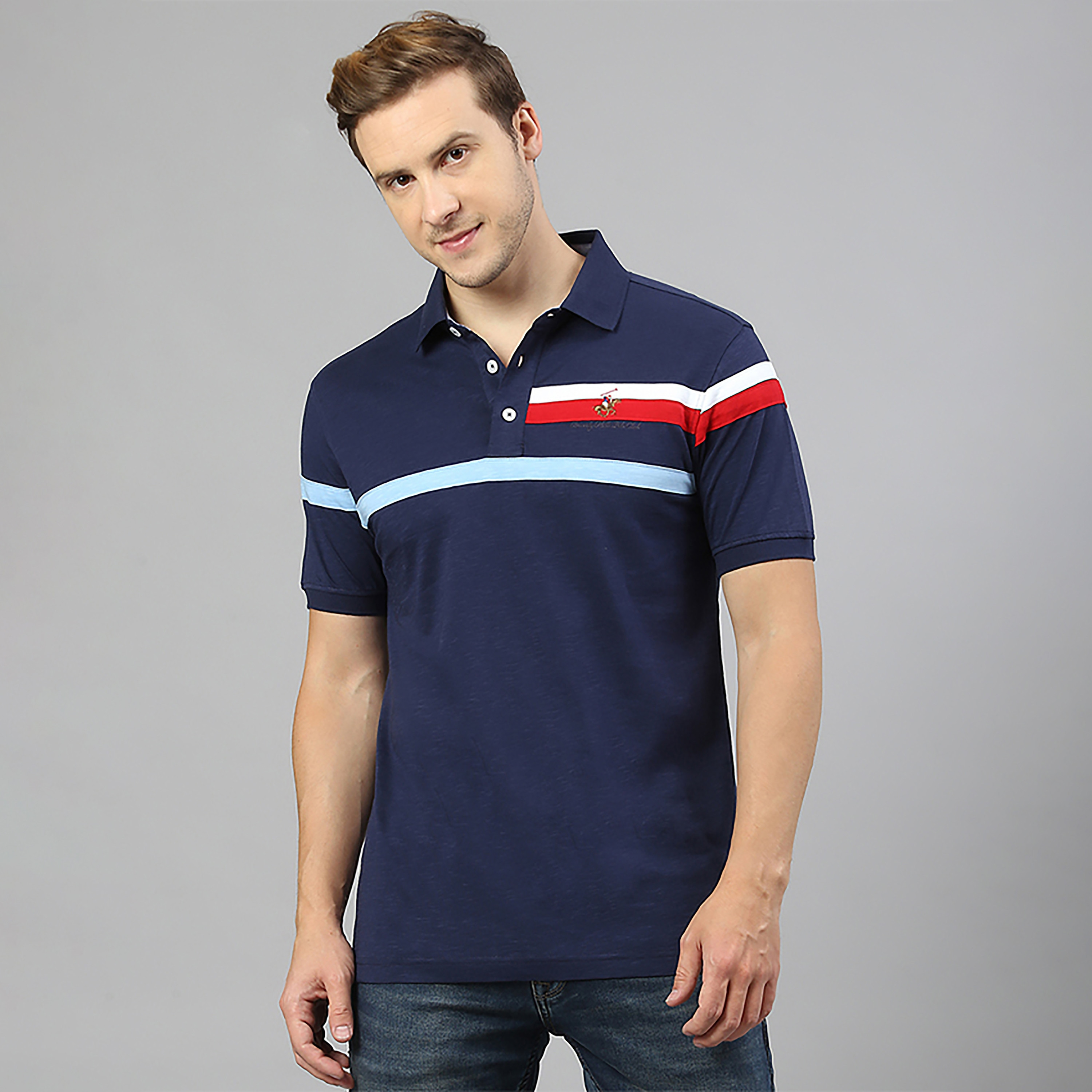 تي شيرت بولو بياقة مزين بأشرطة بالمربعات وأكمام قصيرة من بيفرلي هيلز بولو كلوب-men-clothing-tshirtsandpolos-polos-image-1