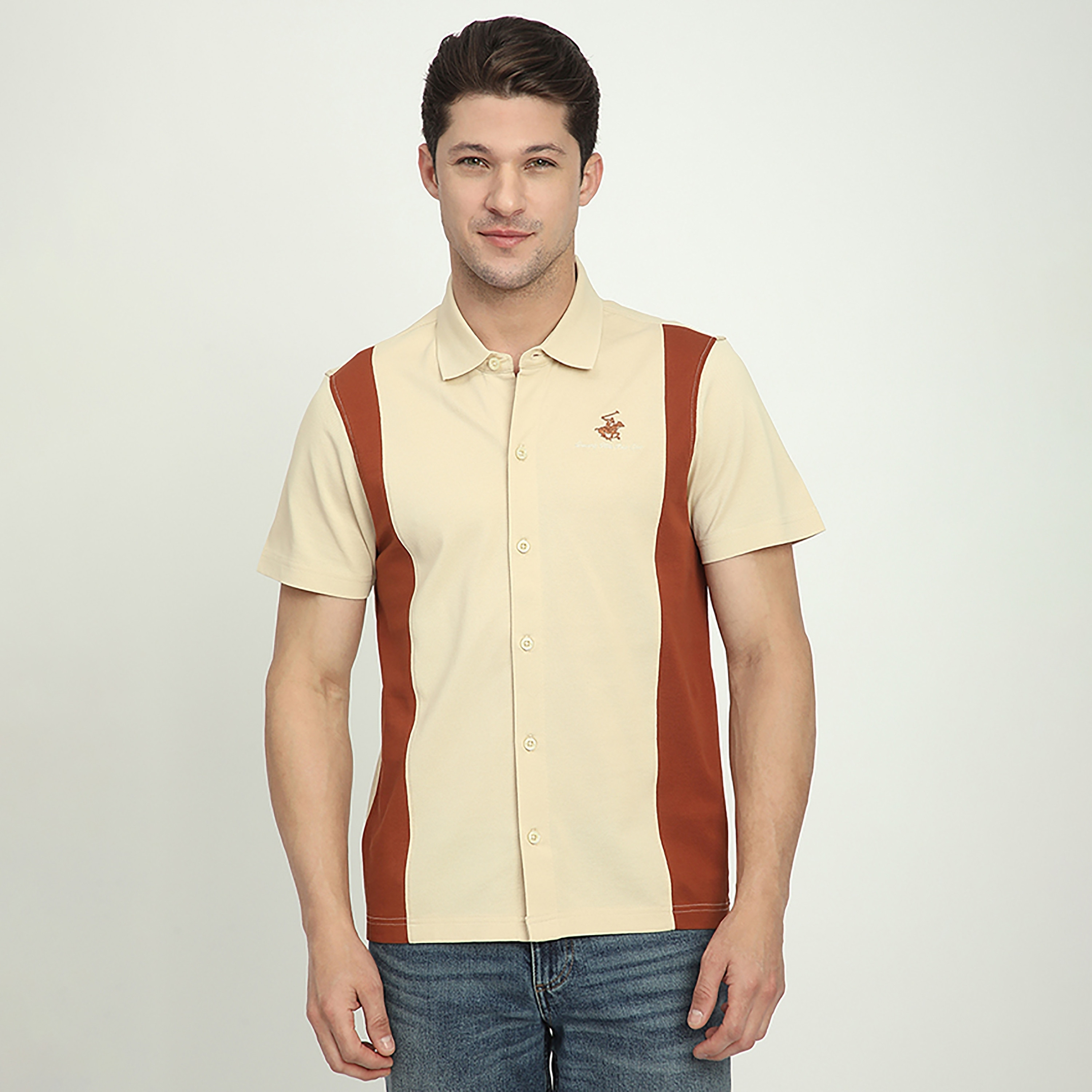 قميص جالي بقصّة عادية وأكمام قصيرة وياقة ملون من بيفرلي هيلز بولو كلوب-men-clothing-shirts-image-1
