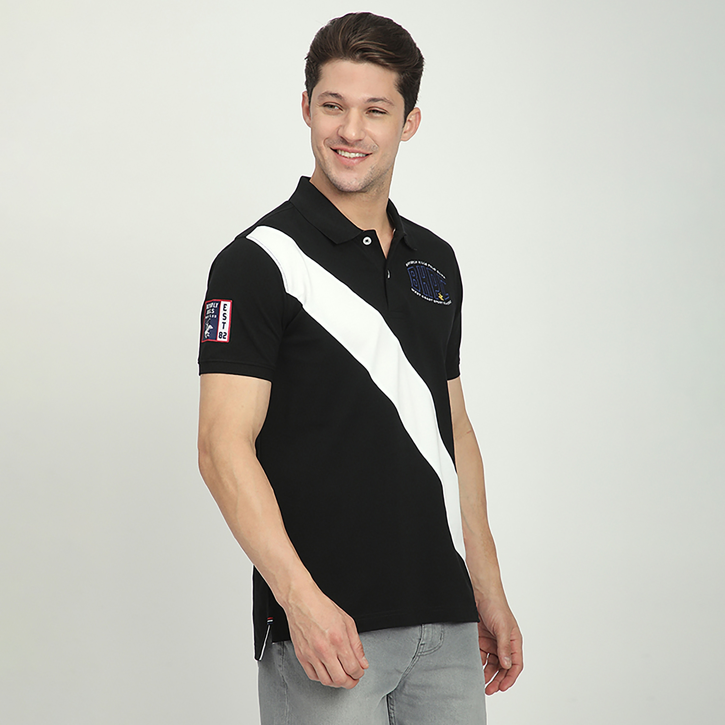 تي شيرت بولو رجالي بياقة وأكمام قصيرة وتفاصيل مخططة قطريًا من بيفرلي هيلز بولو كلوب-men-clothing-tshirtsandpolos-polos-image-3