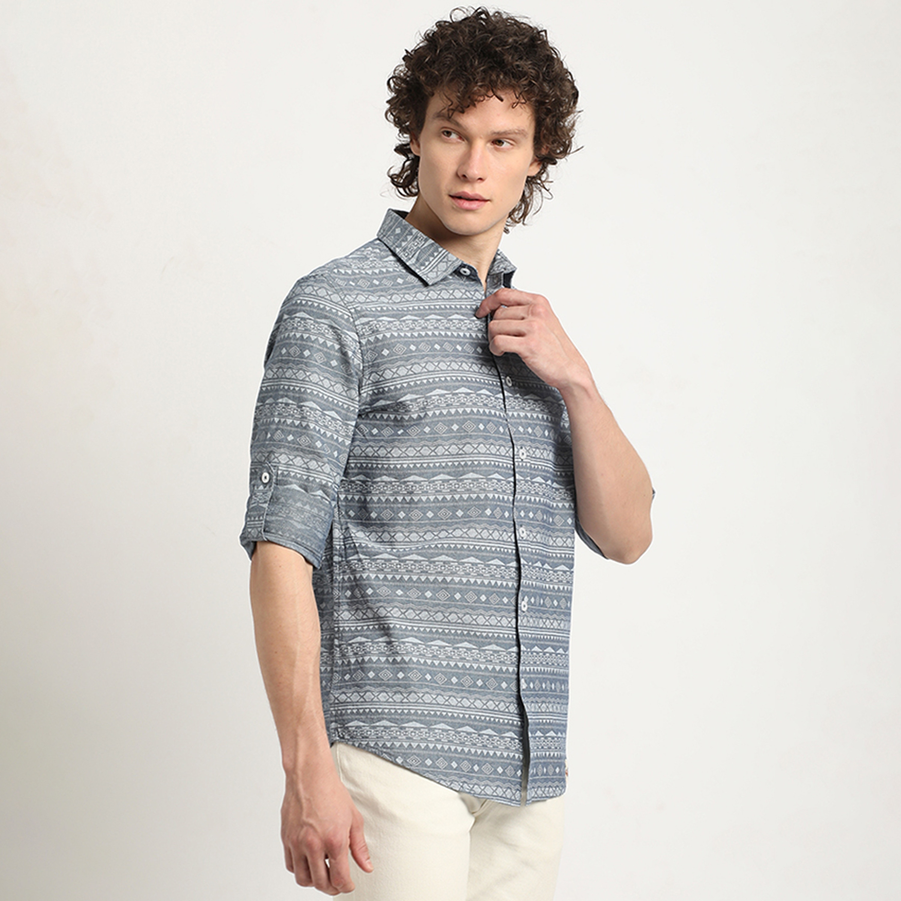 Beverly Hills Polo Club Regular Fit Tribal Print Spread Collar Roll-Up Sleeves Men's Shirt-men-clothing-shirts-image-4