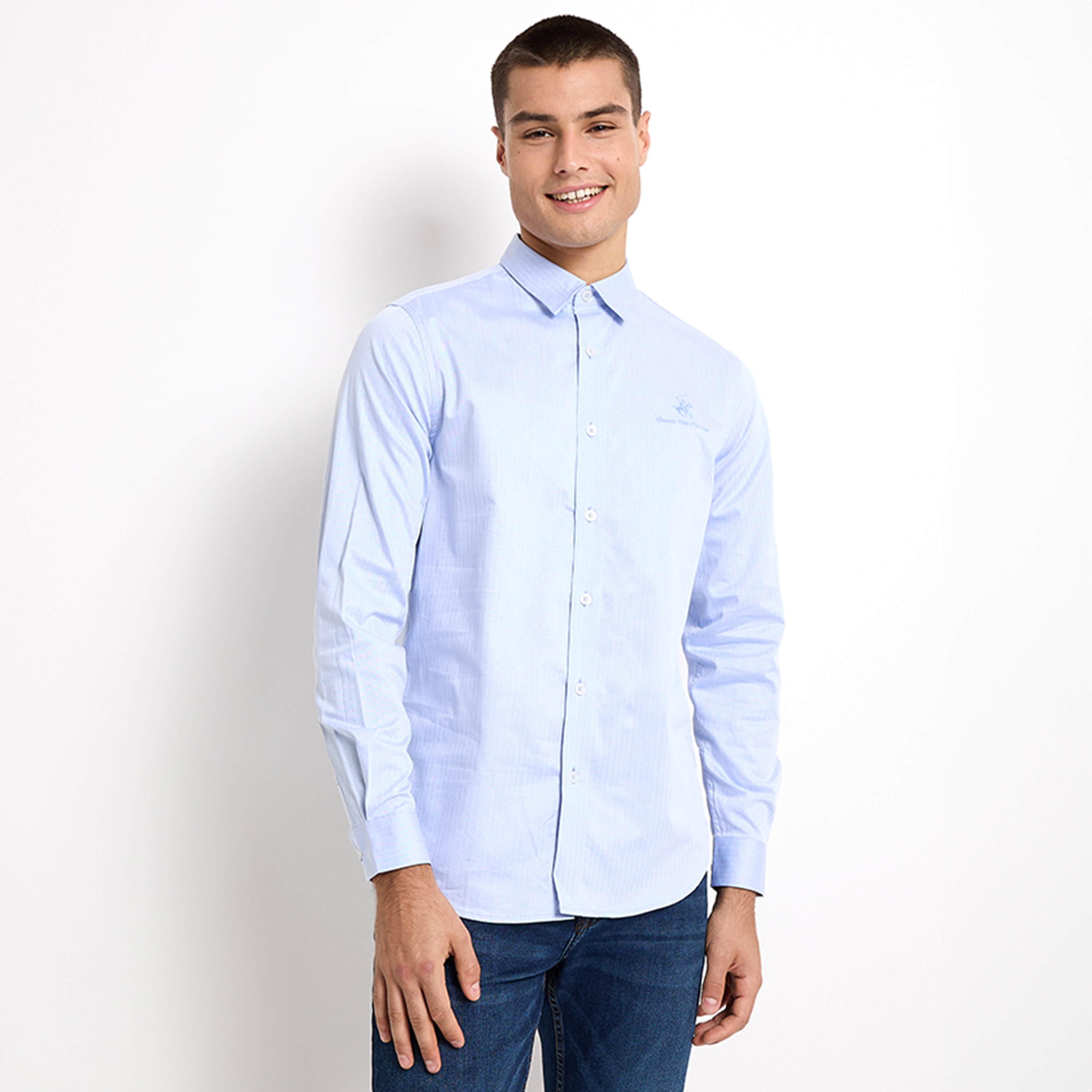 قميص من بيفرلي هيلز بولو كلوب بأكمام طويلة وياقة مخططة ذو ريجولار فيت-men-clothing-shirts-image-1