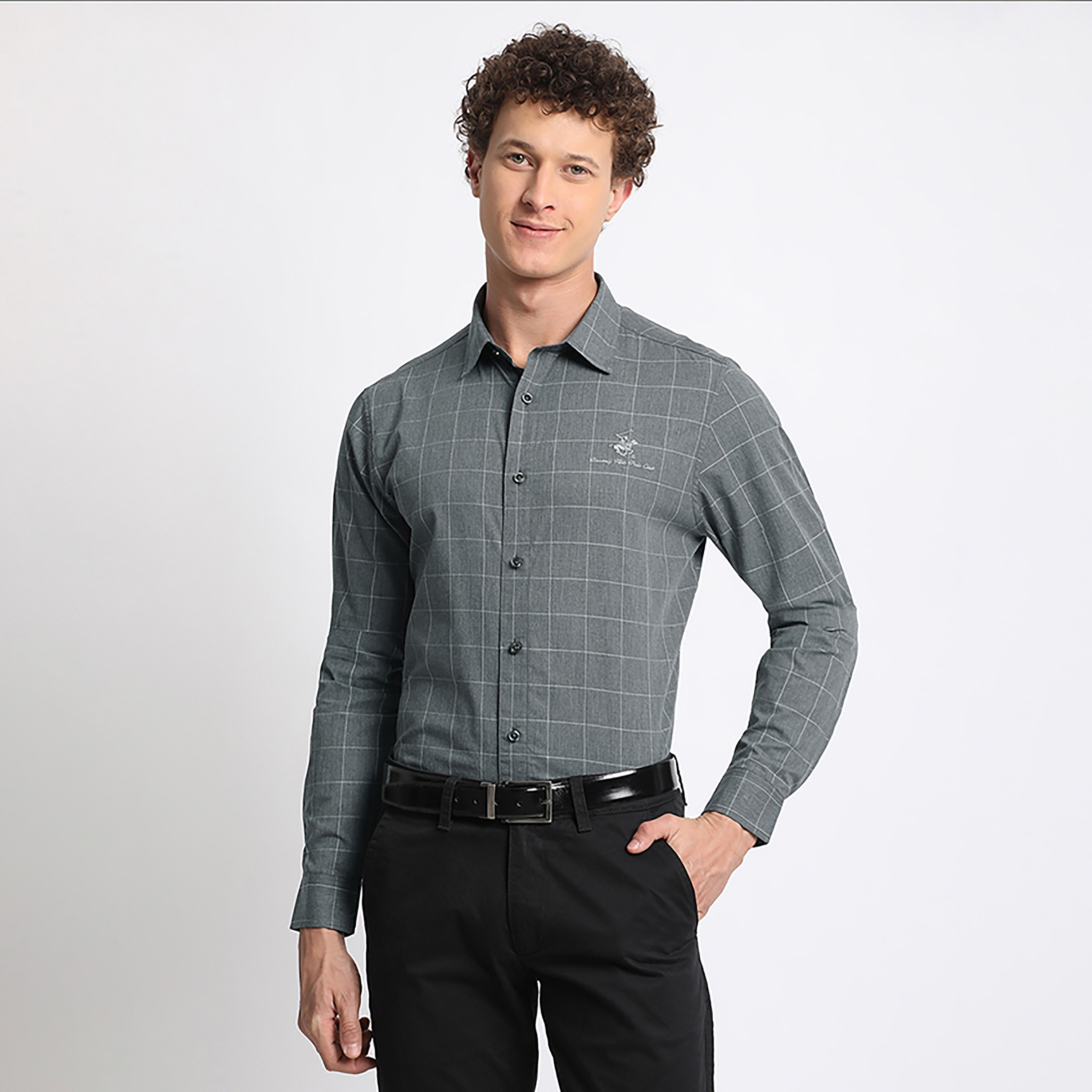قميص فارمل من بيفرلي هيلز بولو كلوب بأكمام طويلة مع تيلرد فيت ذو تشيكد-men-clothing-shirts-image-1