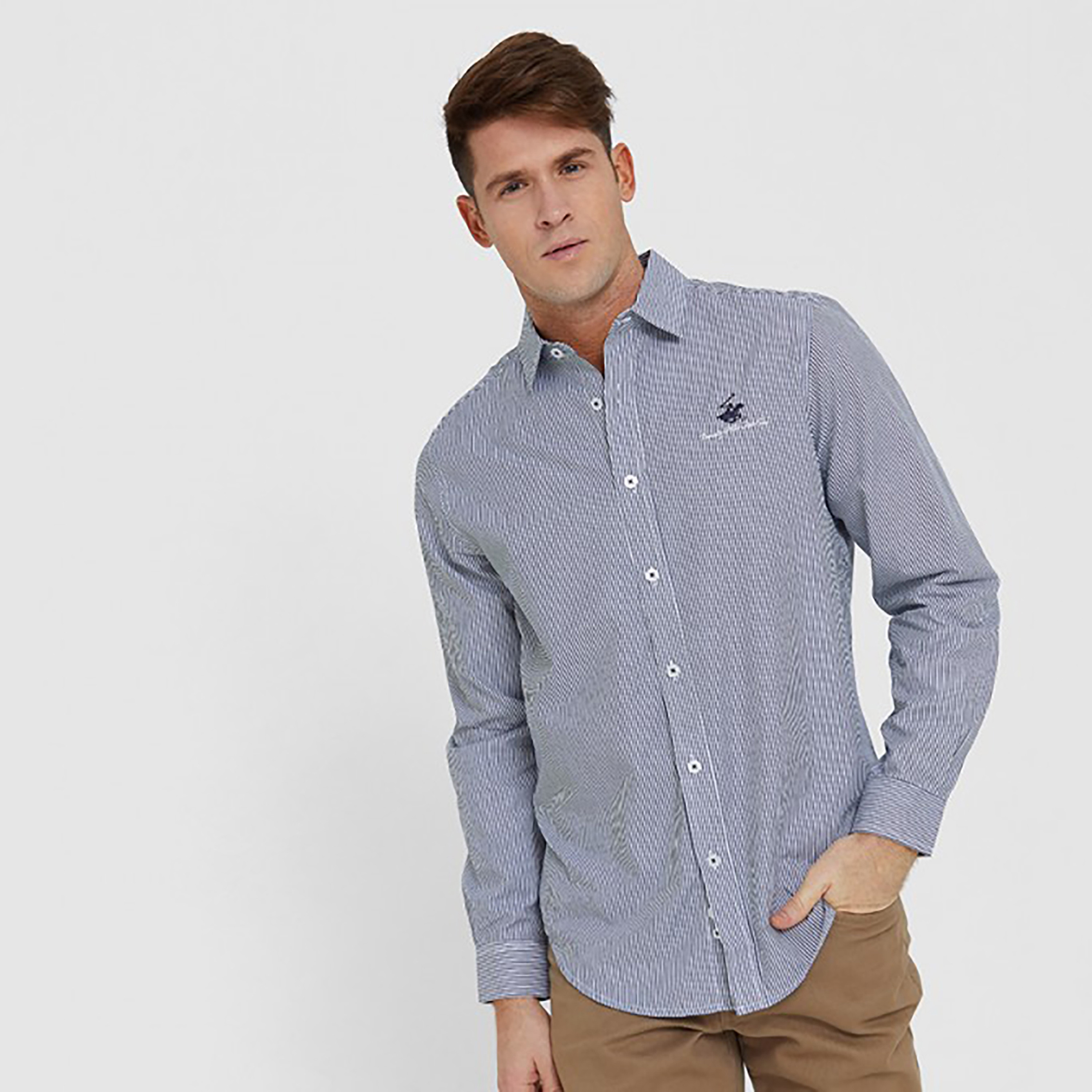 Beverly Hills Polo Club Men Navy Blue Striped Collared Shirt with Button Closure-men-clothing-shirts-image-1