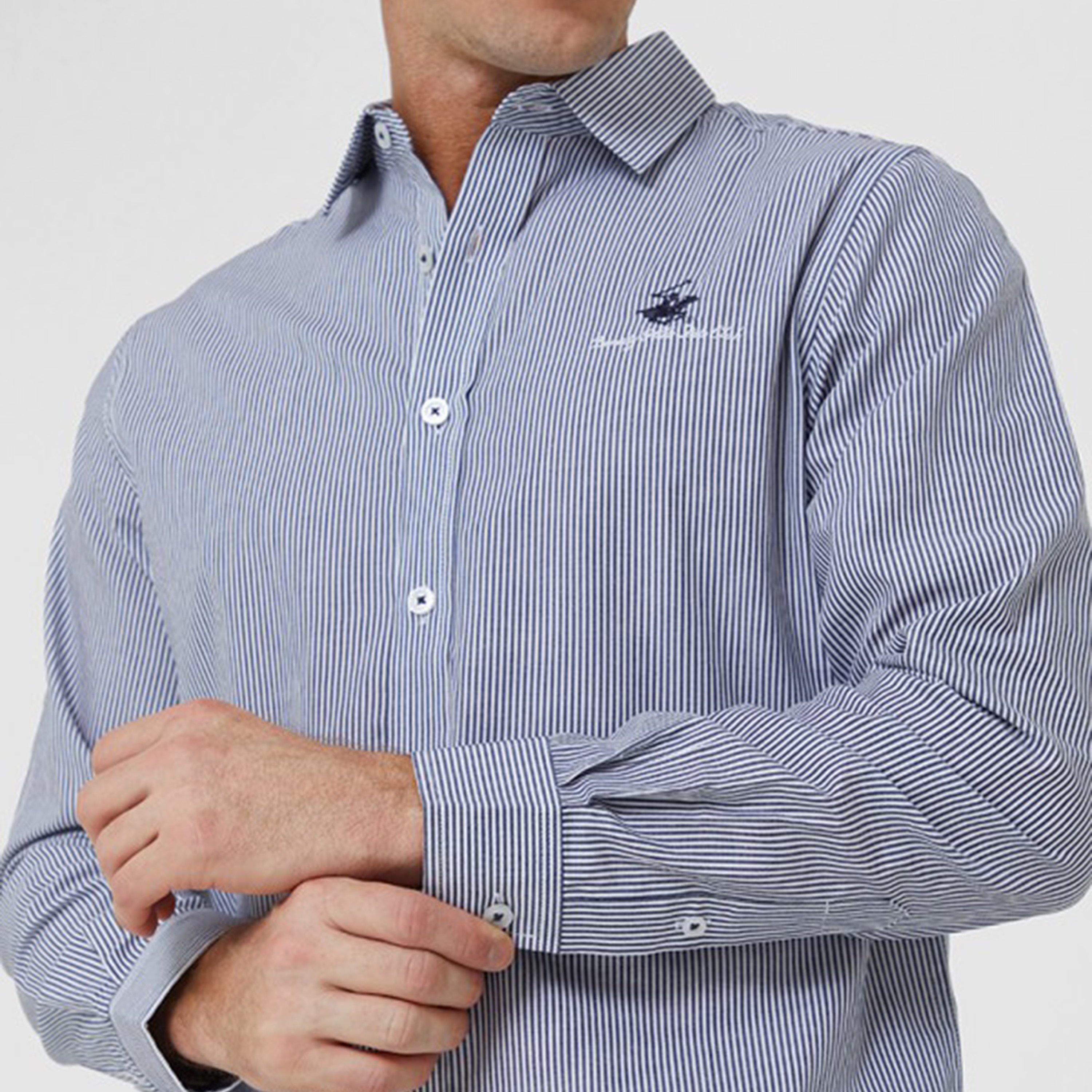 Beverly Hills Polo Club Men Navy Blue Striped Collared Shirt with Button Closure-men-clothing-shirts-image-3