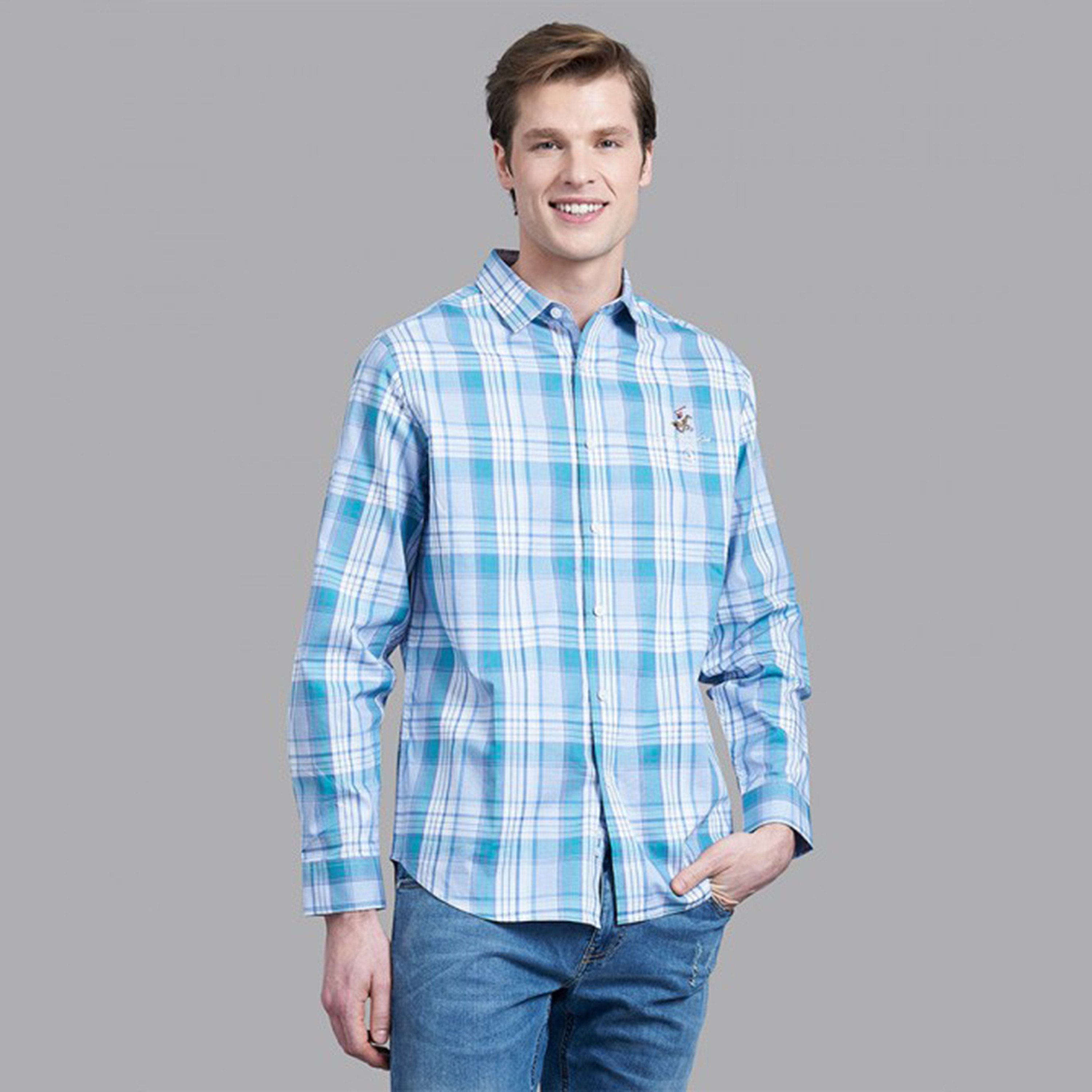 قميص بياقة مع زر الإغلاق ذو مربعات بلون ازرق من بيفرلي هيلز بولو كلوب للرجال-men-clothing-shirts-image-1