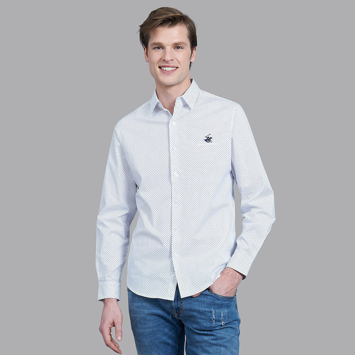 قميص بيفرلي هيلزبولو كلوب بياقة وأكمام طويلة مطبوع أبيض للرجال-men-clothing-shirts-image-1