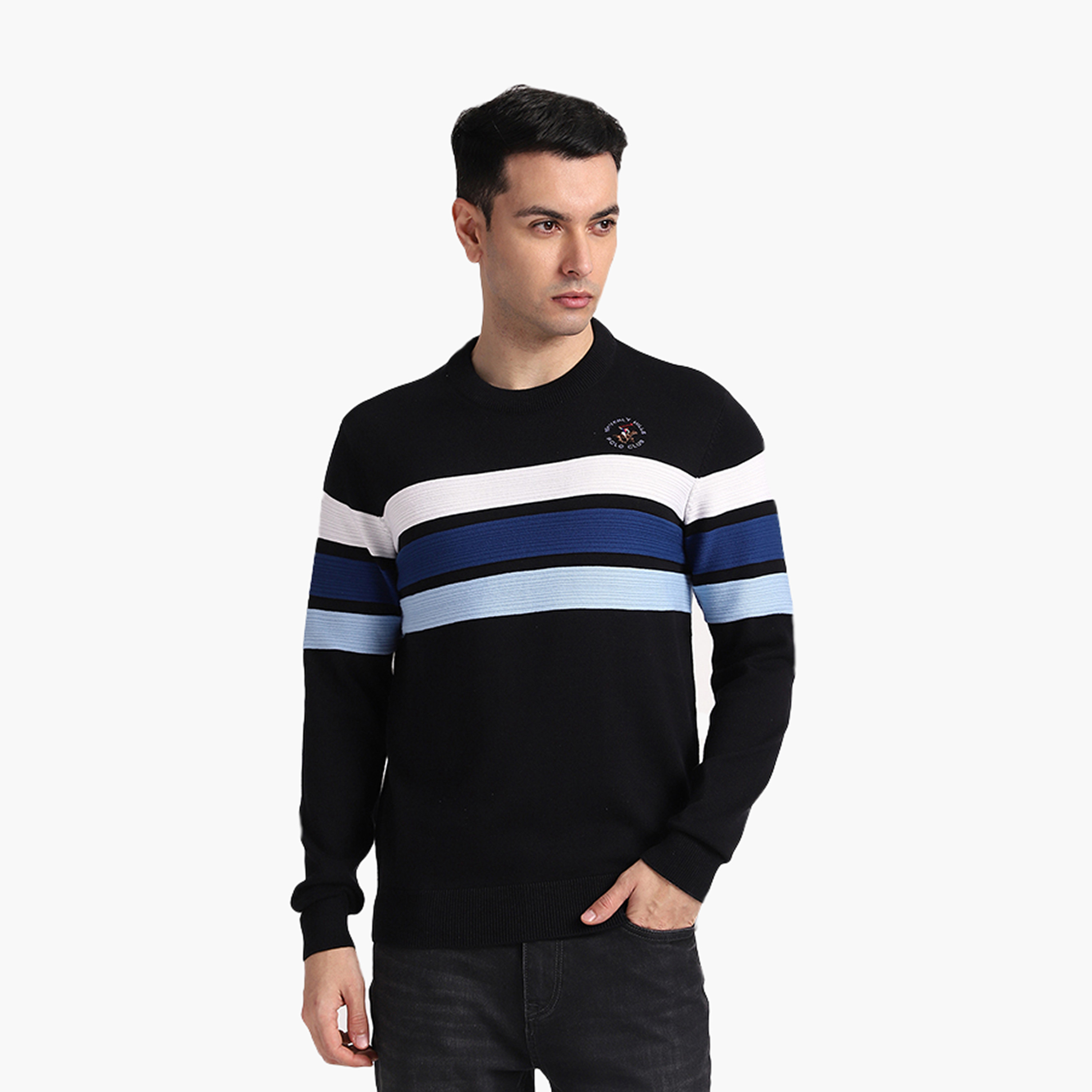 بلوفر رجالي مخطط بياقة دائرية وأكمام طويلة من بيفرلي هيلز بولو كلوب-men-clothing-sweatersandpullovers-image-1