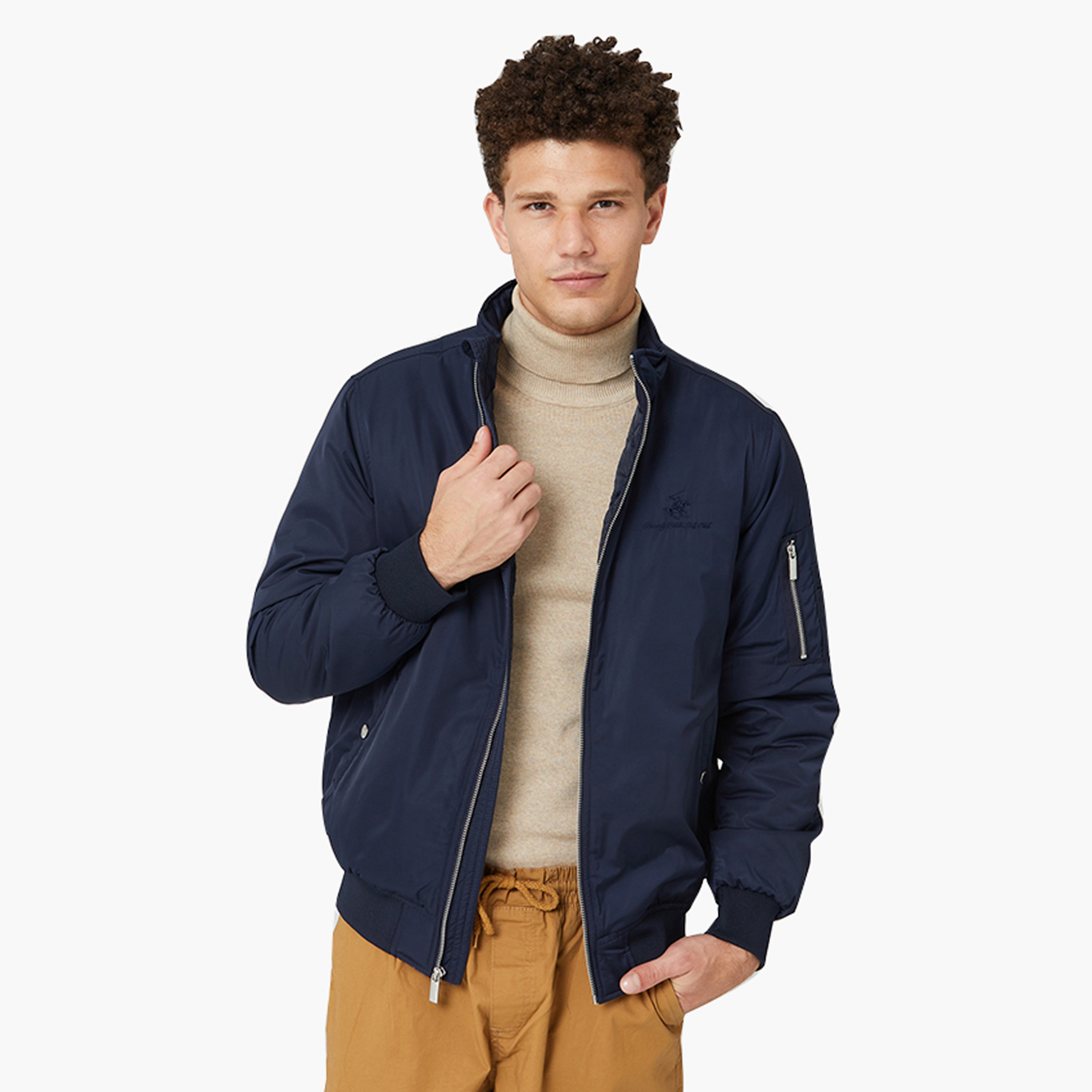 جاكيت بومبر رجالي سادة بأكمام طويلة وياقة عالية من بيفرلي هيلز بولو كلوب-men-clothing-jacketsandblazers-jackets-image-1
