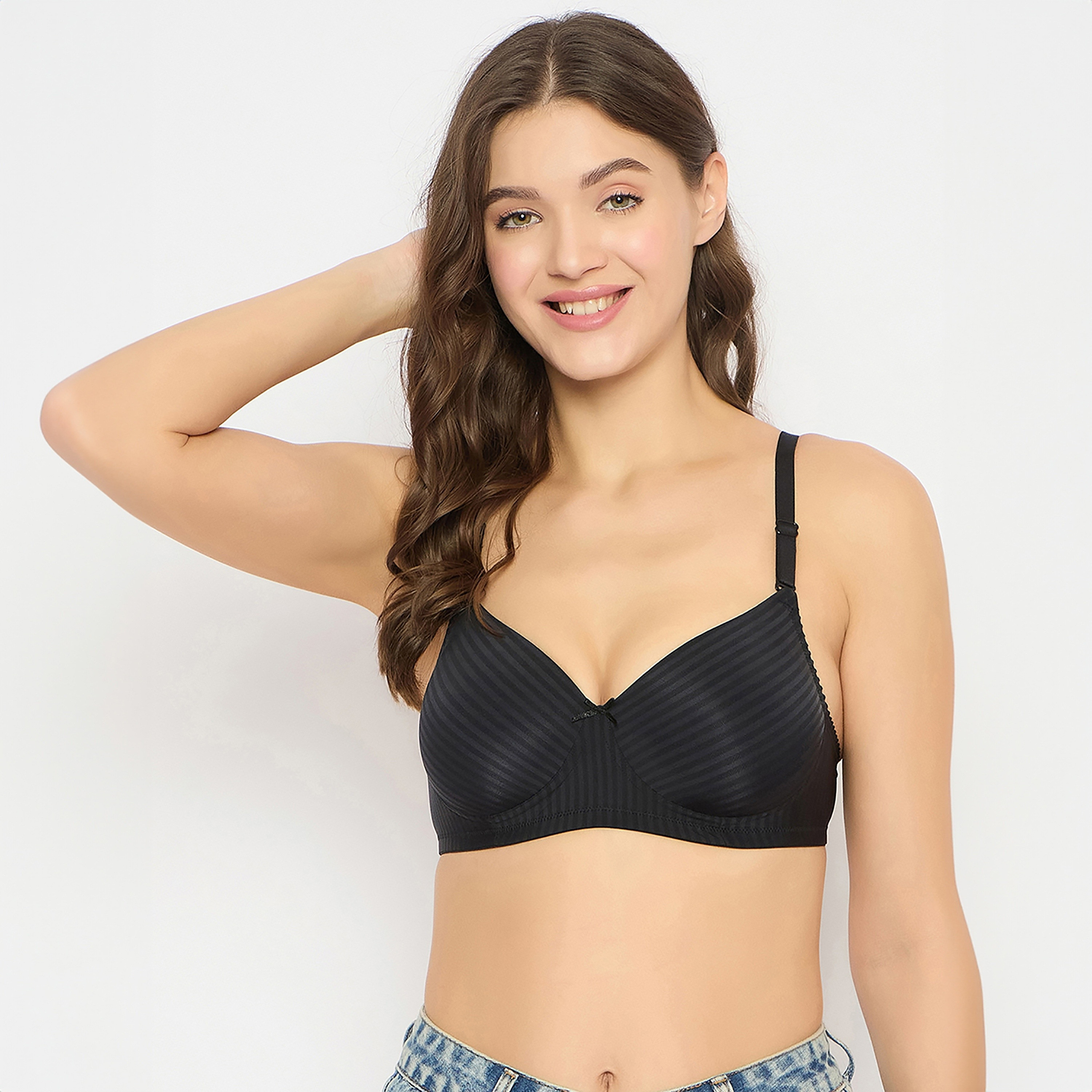 Clovia Padded Non-Wired Full Coverage Self Striped Women's Multiway T-Shirt Bra in Black-women-clothing-lingerie-bras-image-1
