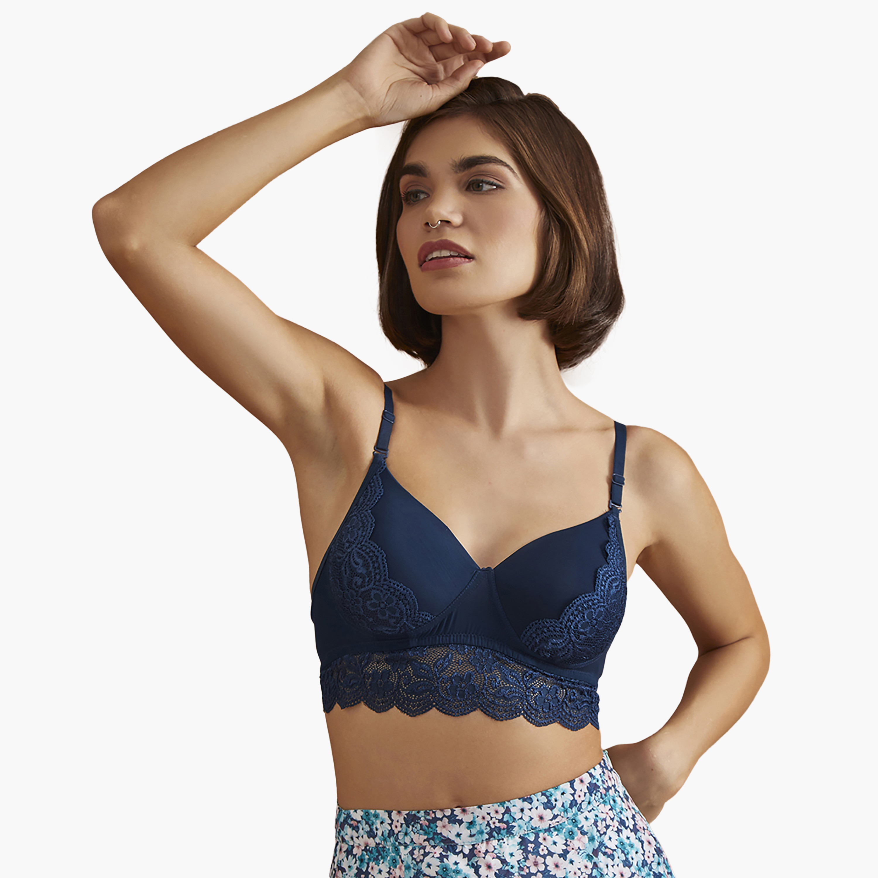 Clovia Padded Non-Wired Full Cup Women's Bralette in Dark Blue - Lace-women-clothing-lingerie-bras-image-1