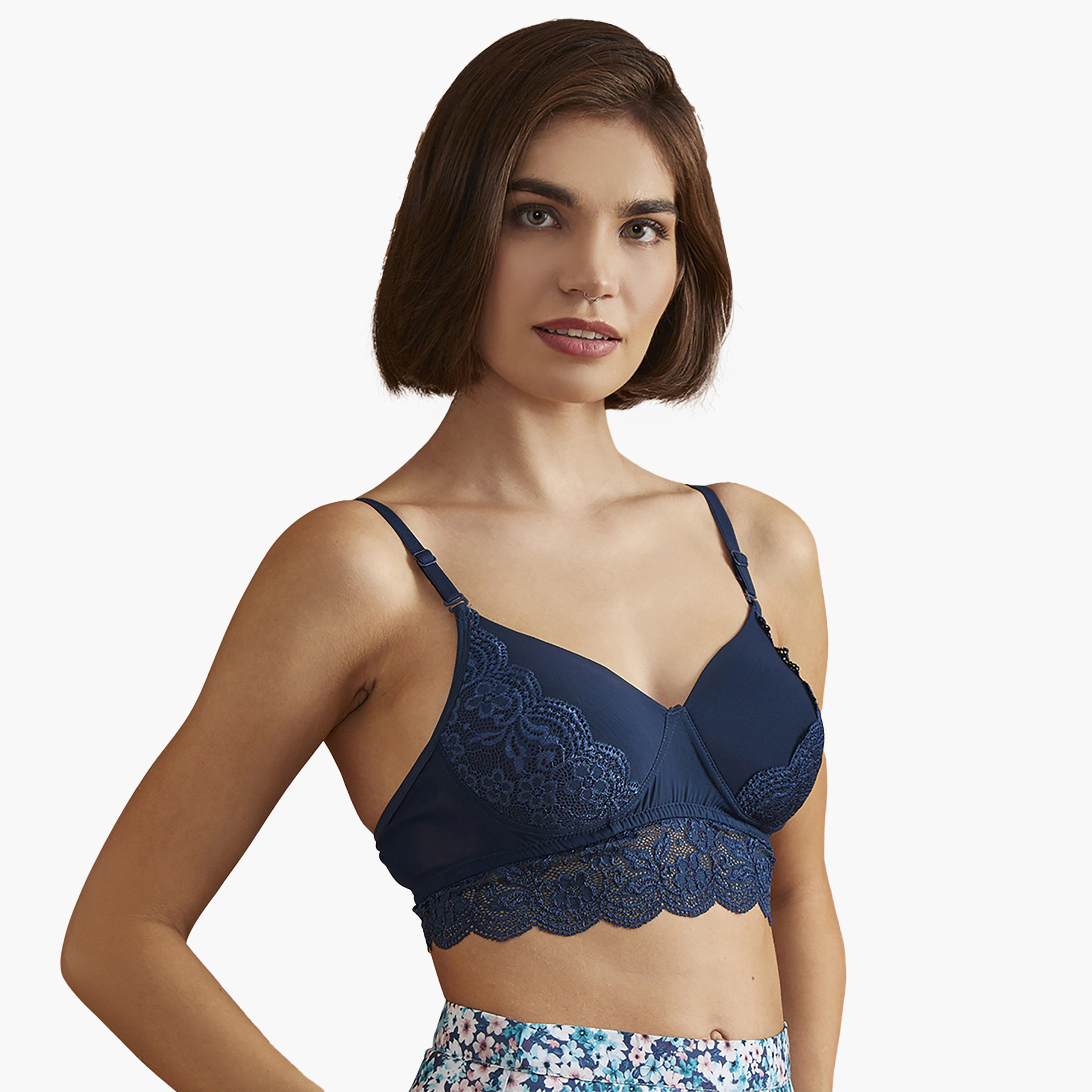 Clovia Padded Non-Wired Full Cup Women's Bralette in Dark Blue - Lace-women-clothing-lingerie-bras-image-3